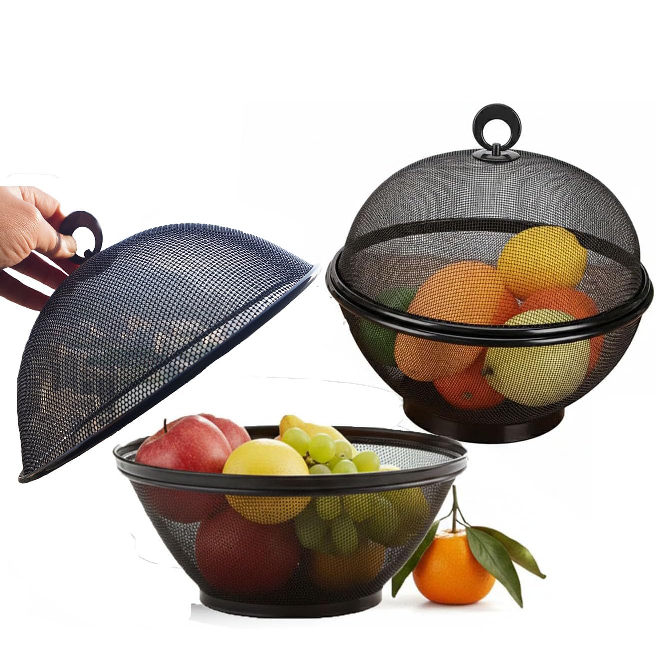 Lot de 2 Paniers à Fruits avec Couvercle - Corbeille à Fruits Anti Moucherons en Métal Maille - Panier de Rangement Ventilé pour Cuisine, Comptoir, Fruits et Légumes (Noir)