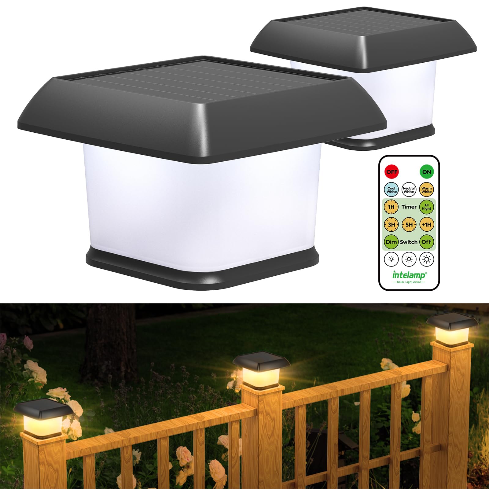 Lightonight Solar Post Lights Outdoor Solar Post Cap Lights LED Deck Fence Cap Lights High Brightness 3000K 4500K 6000K Solar Powered Caps for 4x4 5x5 6x6 Posts Patio Garden Decor(2 Pack Black) (2)