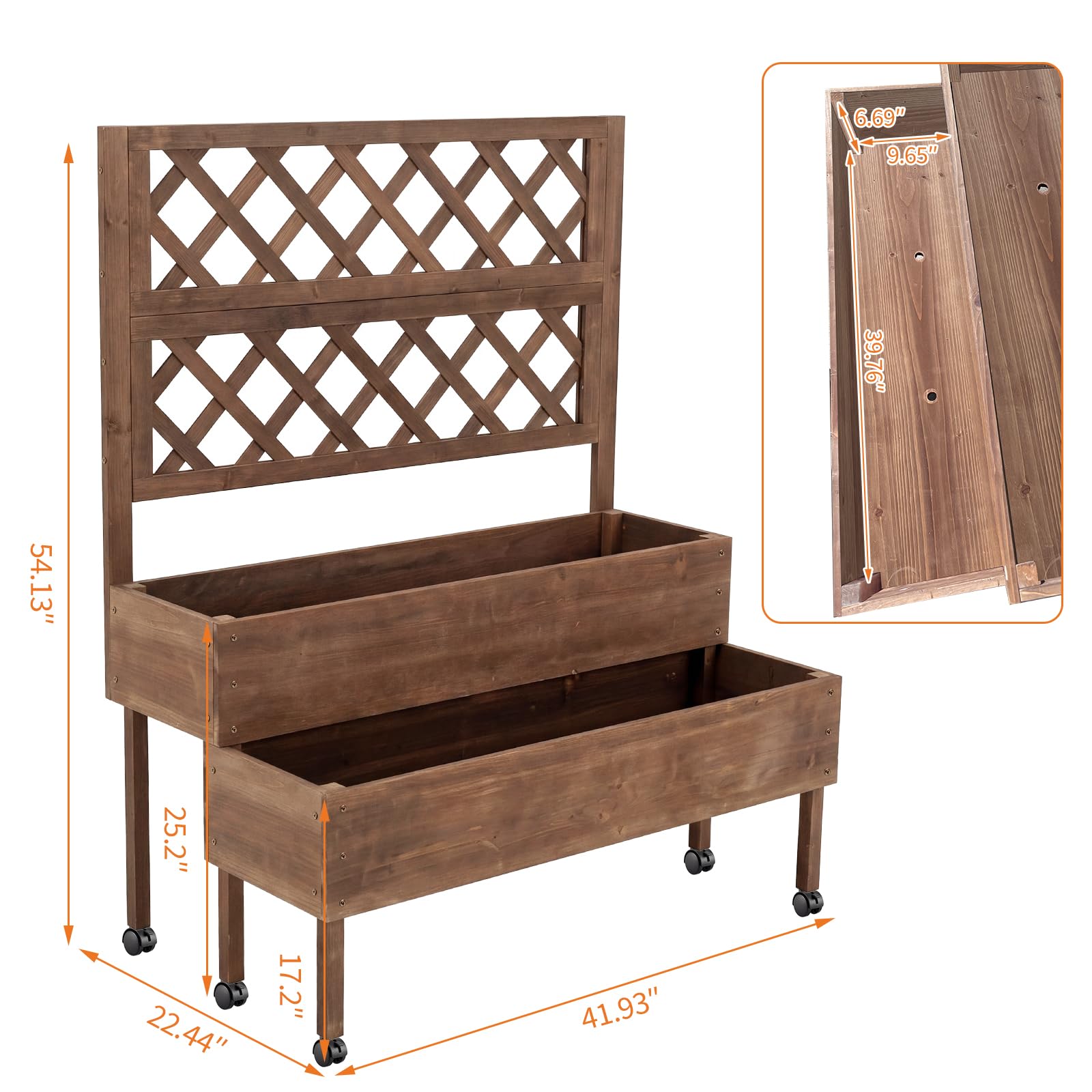 Garvee - Jardinera elevada de 2 niveles con celosía – Bandeja para plantas vertical de madera sobre pies, ruedas y agujeros de drenaje, perfecta para crear una pantalla de intimidad en extensor