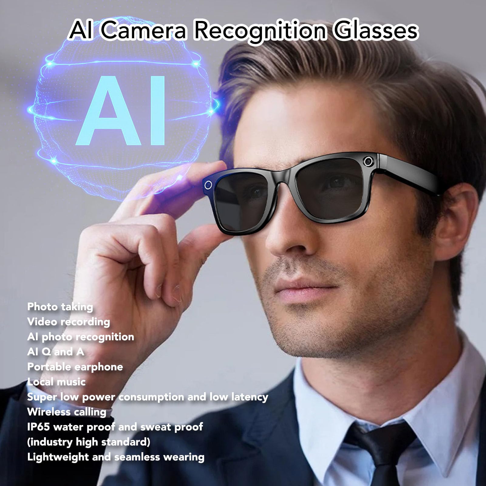 Occhiali da Sole della Fotocamera, Occhiali Intelligenti con Traduttore di Intelligenza Artificiale, Altoparlante Musicale Bluetooth, Riconoscimento delle Immagini AI