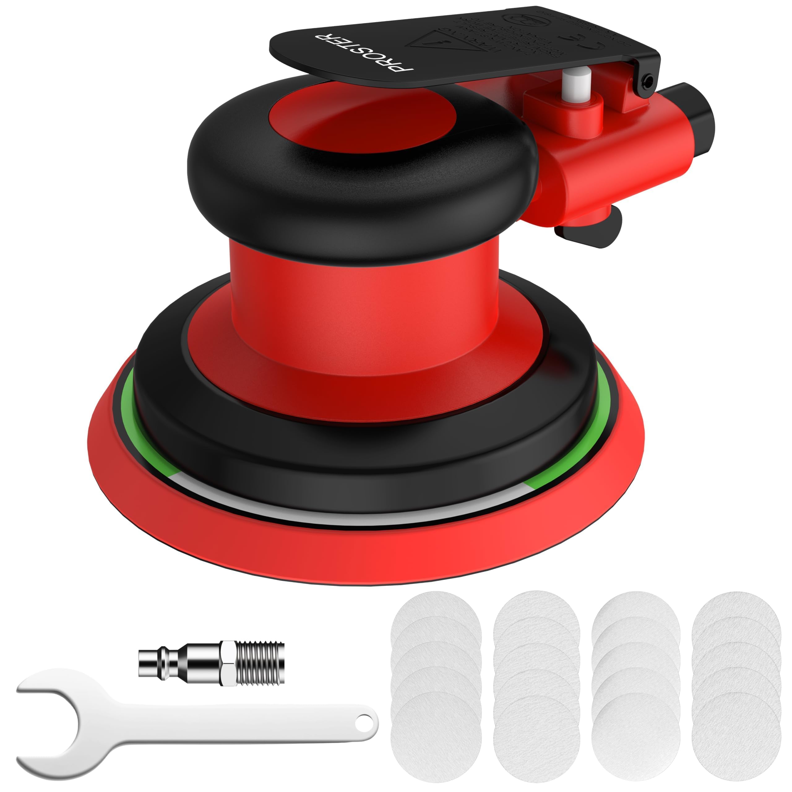 Proster Levigatrice Rotorbitale Pneumatica 125mm Nero-Rosso, 12000 RPM, Controllo Velocità Variabile, Kit 20 Fogli Abrasivi per Auto, Legno, Fai-da-Te, Professionale