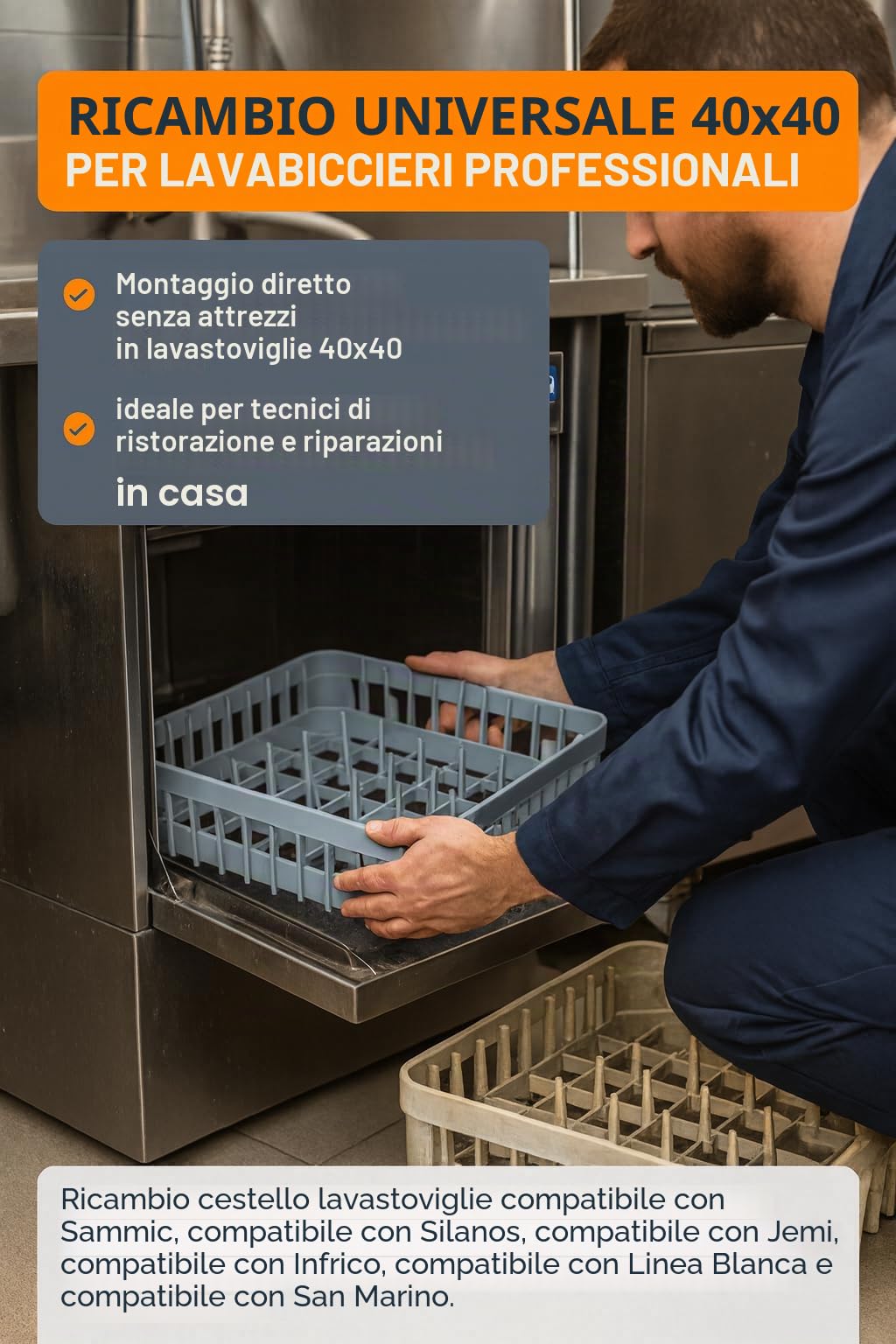 RO Linea Bianca - Cestino per lavastoviglie, 20 pivot, 400 x 400 x 110 mm, in polipropilene industriale, impilabile, forato, essiccato, compatibile con Sammic Silanos Jemi Infrico San Marino