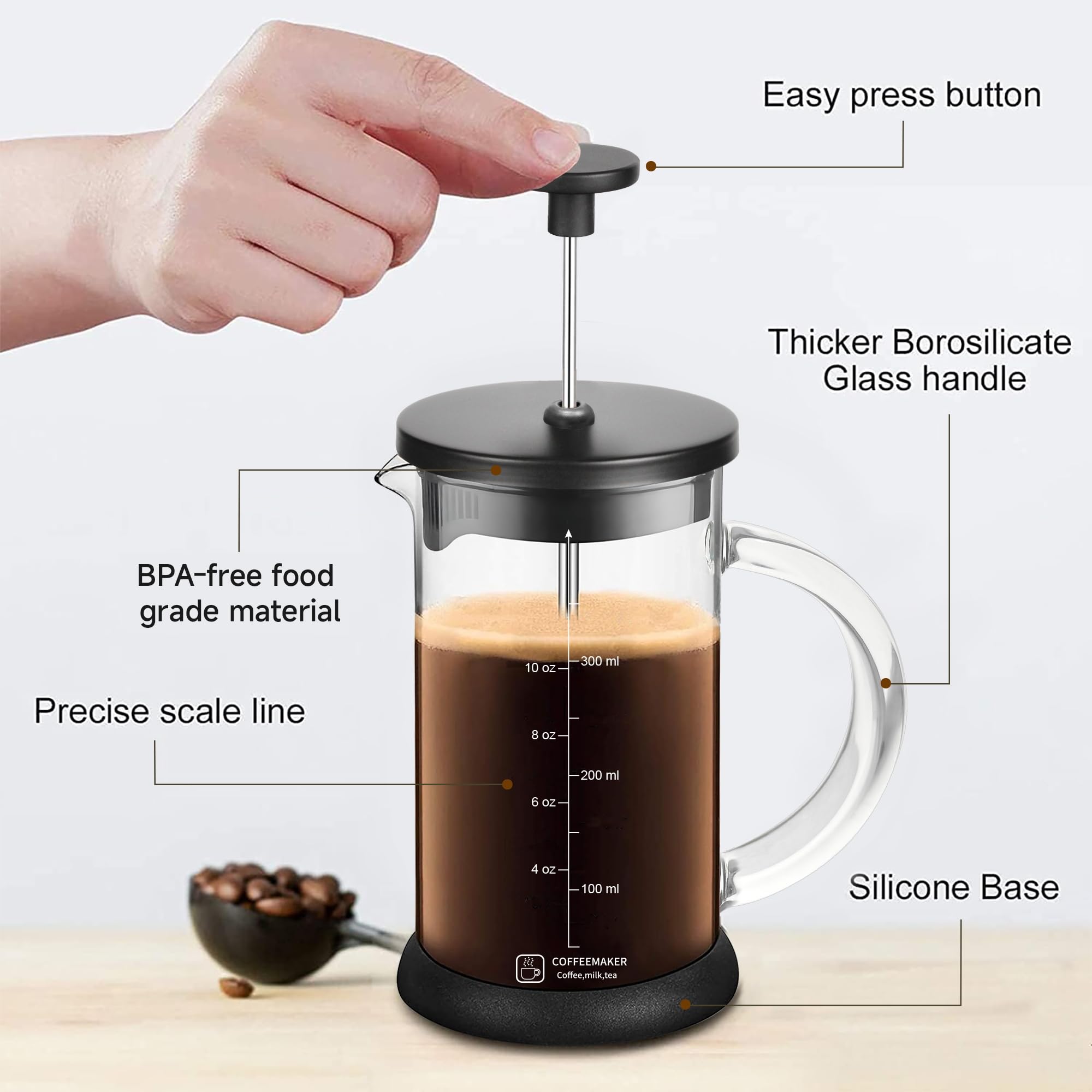 YMMIND Cafetera de prensa francesa de 12 onzas con sistema de 4 filtros, émbolo de acero inoxidable y vidrio de borosilicato resistente al calor, sin BPA, tetera preparada