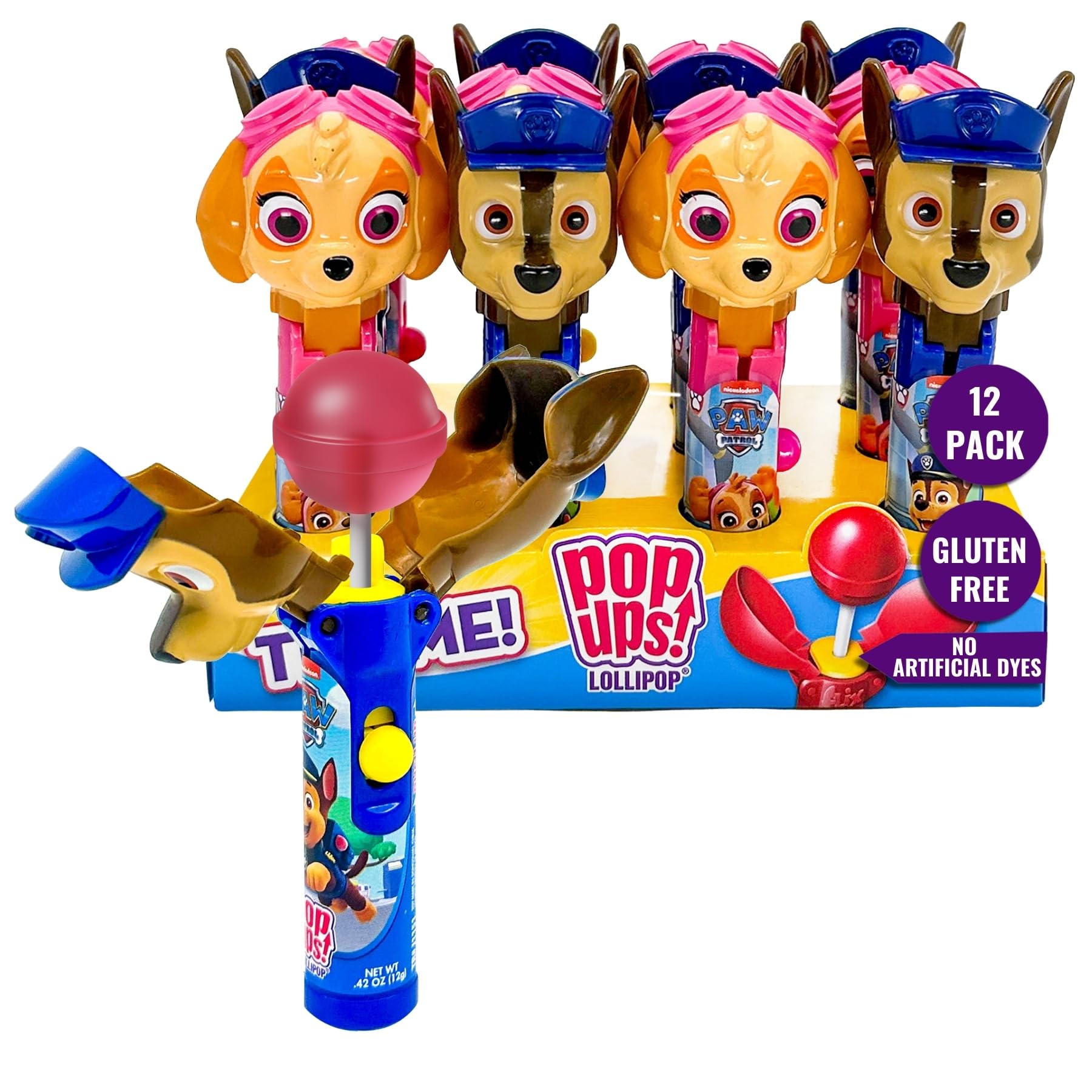Pop Ups! Paw Patrol Lollipop Holder | Collectable Paw Patrol Toy Lollipop Case | Stocking Stuffers, Party Favors for Goodie Bags, Piñata Candy, Game Prizes | Skye & Chase Bulk Set of 12 | Lollipops Included
