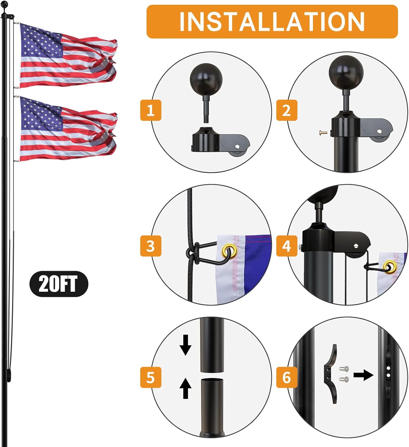 NELXINJO 20FT Heavy Duty Flagpole Kit for Yard,14 Gauge Flag Pole for Outside In Ground, Extra Thick Outdoor Flag Poles with 3x5 American Flag for Residential or Commercial(20FT, Black)