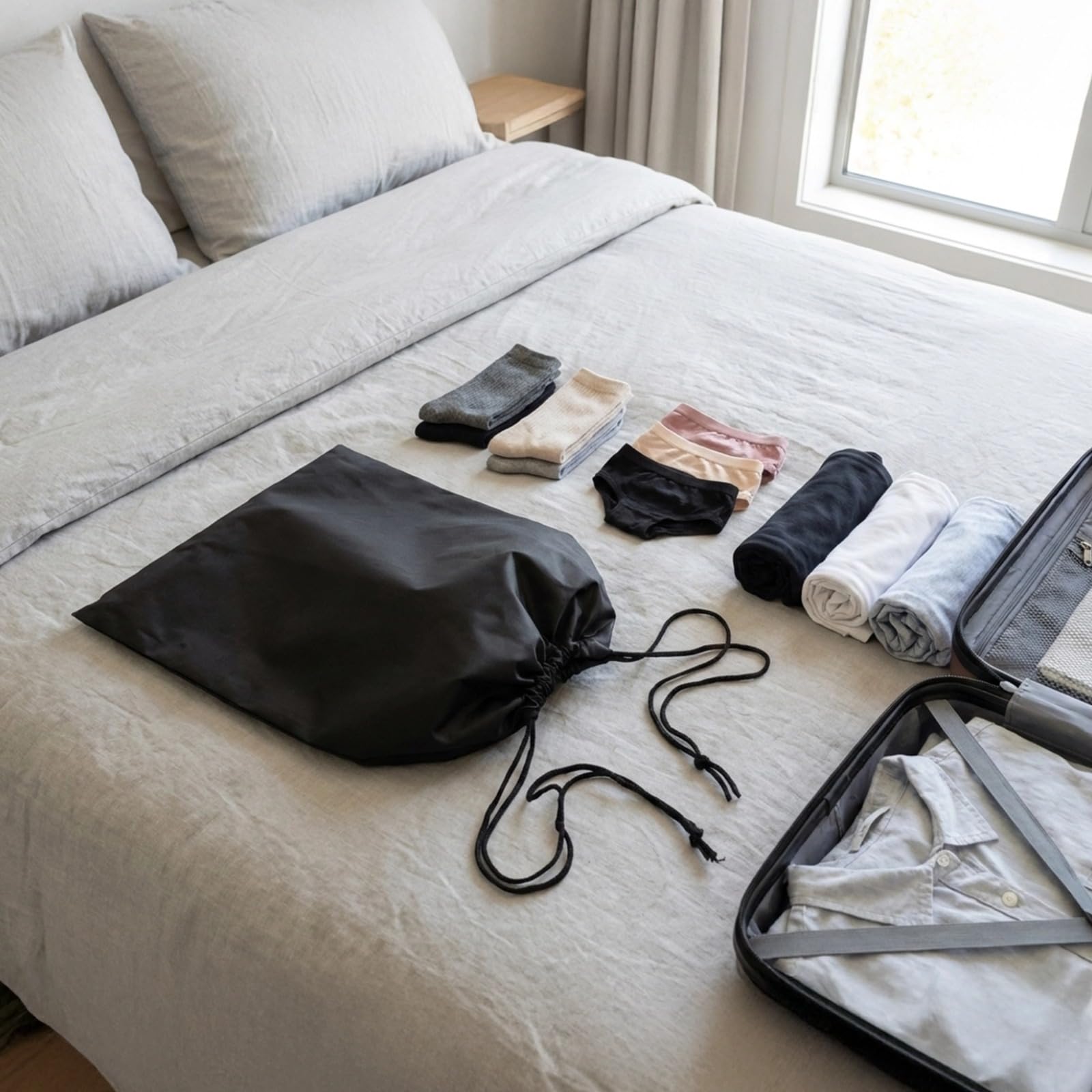 12 Stk. Aufbewahrungsbeutel mit Kordelzug, schwarz, 30 x 40 cm, Reise-Organizer aus Oxford-Gewebe, wasserabweisend, für Kleidung, Socken und Unterwäsche, platzsparend