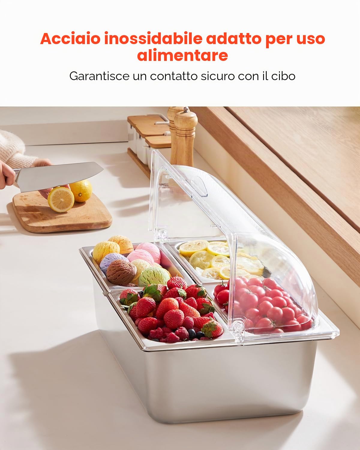 VEVOR Contenitore Espositivo per Servire Cibo da Banco, Vassoio per Servire Cibo in Acciaio Inox 4 Teglie, Espositore per Dispensatori di Condimenti a Buffet con 3 Contenitori per Congelatore