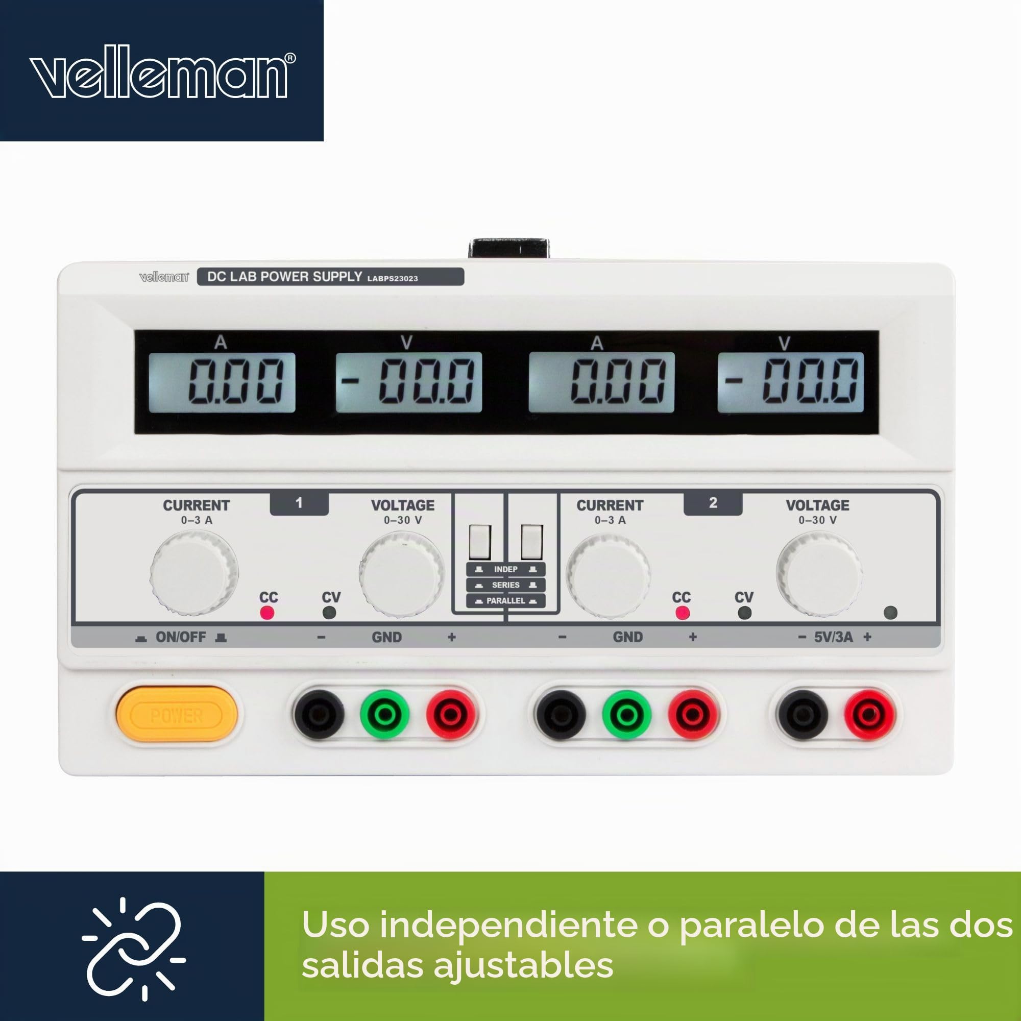 Velleman Suministro de Laboratorio, Ajustable, 2 x 0-30 VCC/0-3 A, + 5 VCC Fijo/3 A, limitación de Corriente, protección contra Cortocircuitos, 4 LCD, Pantallas Grises