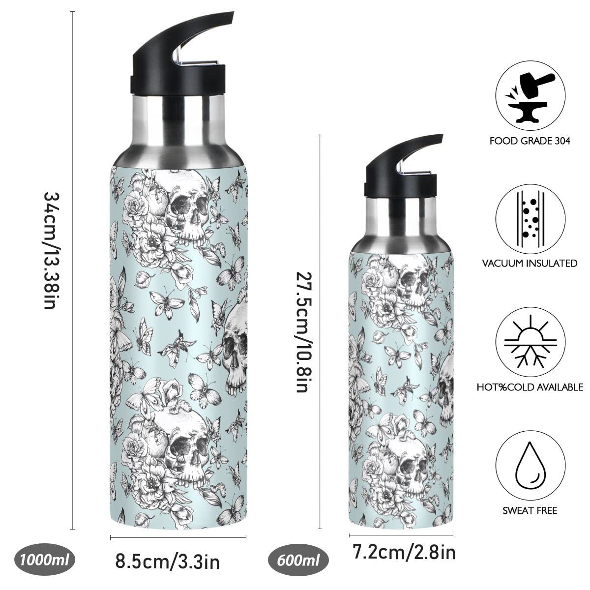 Edelstahl Wasserflasche mit Strohhalm, Vintage Goth Skull Isolierte Trinkflasche Sport Wasserflasche für Kinder Erwachsene, auslaufsicher, 1L