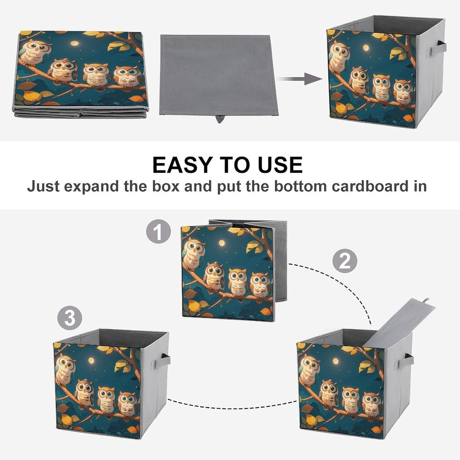 Folding Storage Bins Oxford Fabric Clothes Storage Boxes with Handles | Owls On Branches Cube Organizer, Easy to Store, Multi Functional Cube Storage Organizer for Office Bedroom