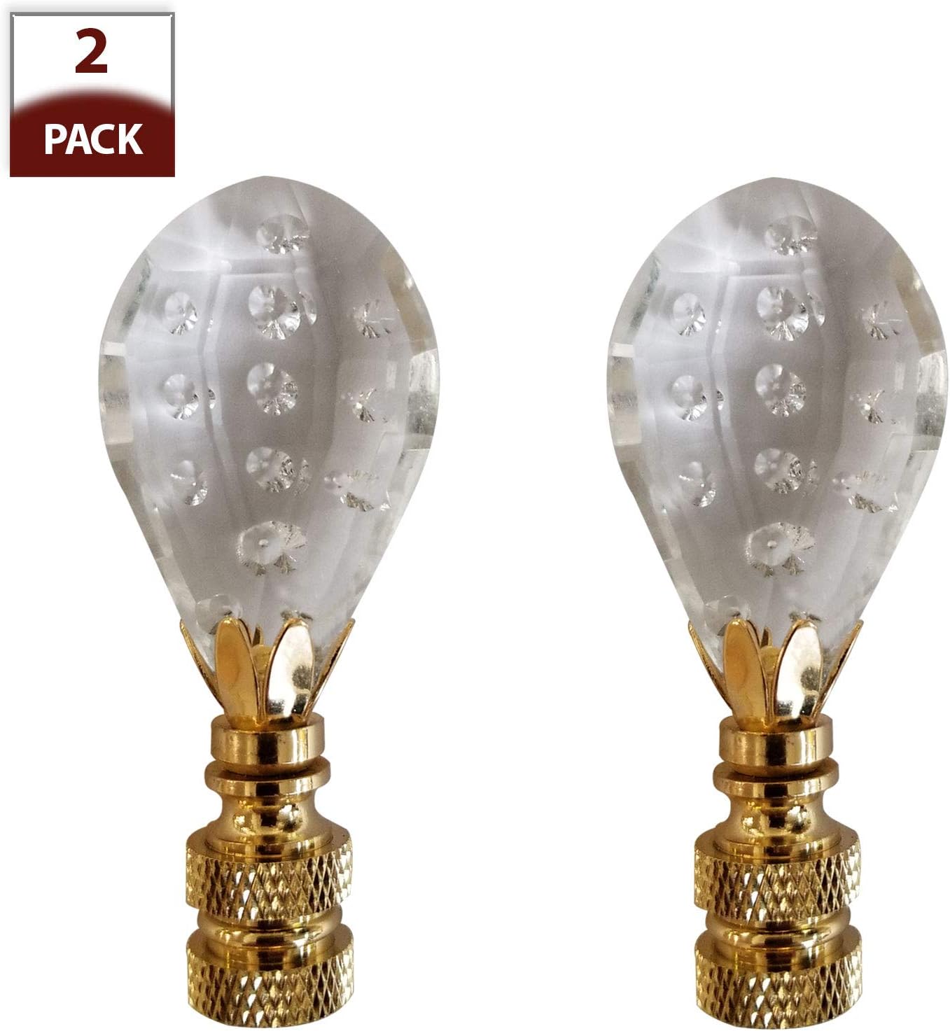 Royal Designs Balloon Shaped with Dot Design Lamp Finial, Clear Faceted Crystal, Polished Brass Base - Set of 2
