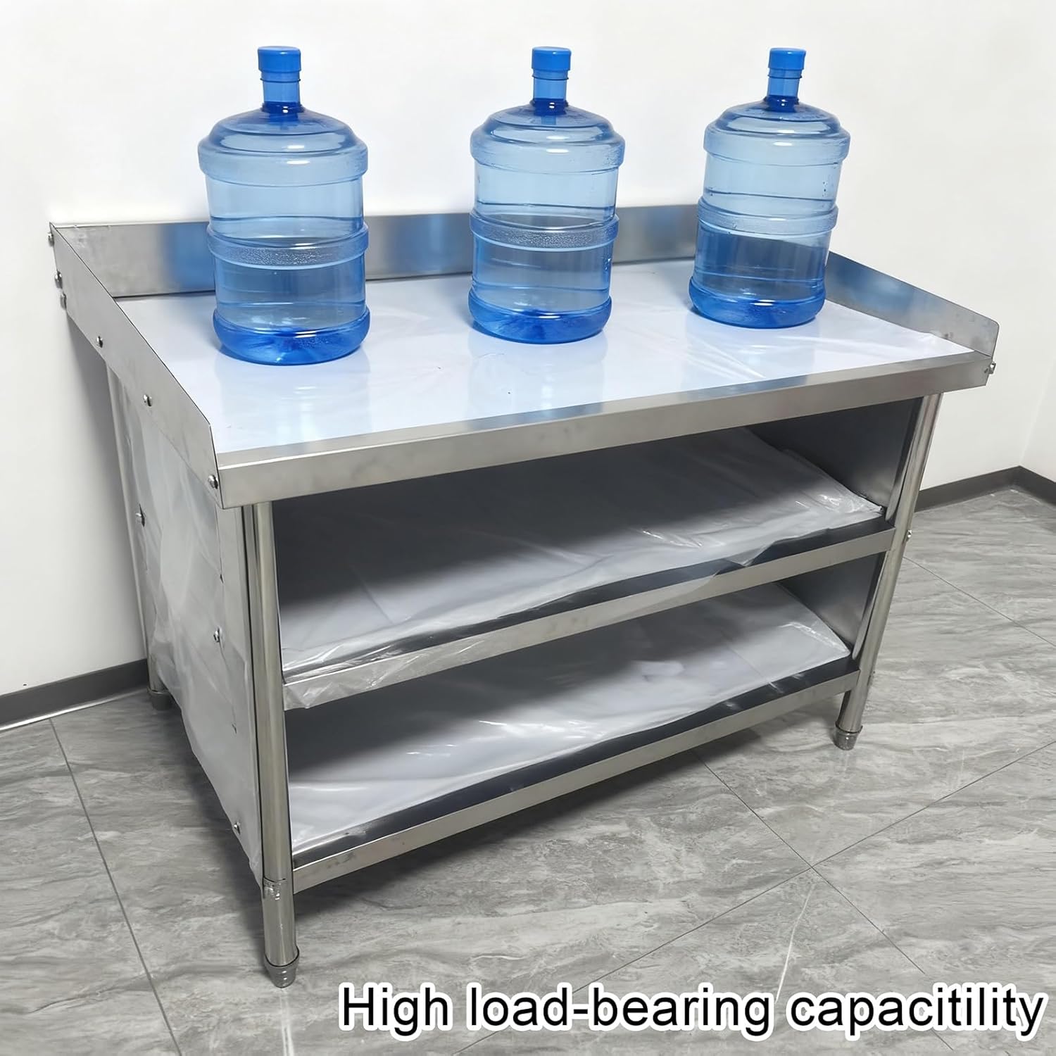 3-Tier Stainless Steel Workbench with 3-Sided Backrest and 3-Panel Enclosure Kitchen Work Table with Adjustable Legs Thickened Countertop Screw-Fastened for Secure Assembly Ample Storage Capacitility