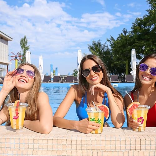 Miniatura 5 de meekoo Paquete de 100 tazas Luau desechables transparentes de 12 onzas líquidas de flamenco hawaiano desechables de plástico con piñas tropicales