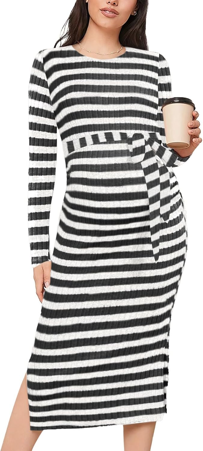Crewneck Maternity Sweater Dress Rib Knit Long Sleeve Dresses Slit Pregnancy Sweater Clothes with Belt
