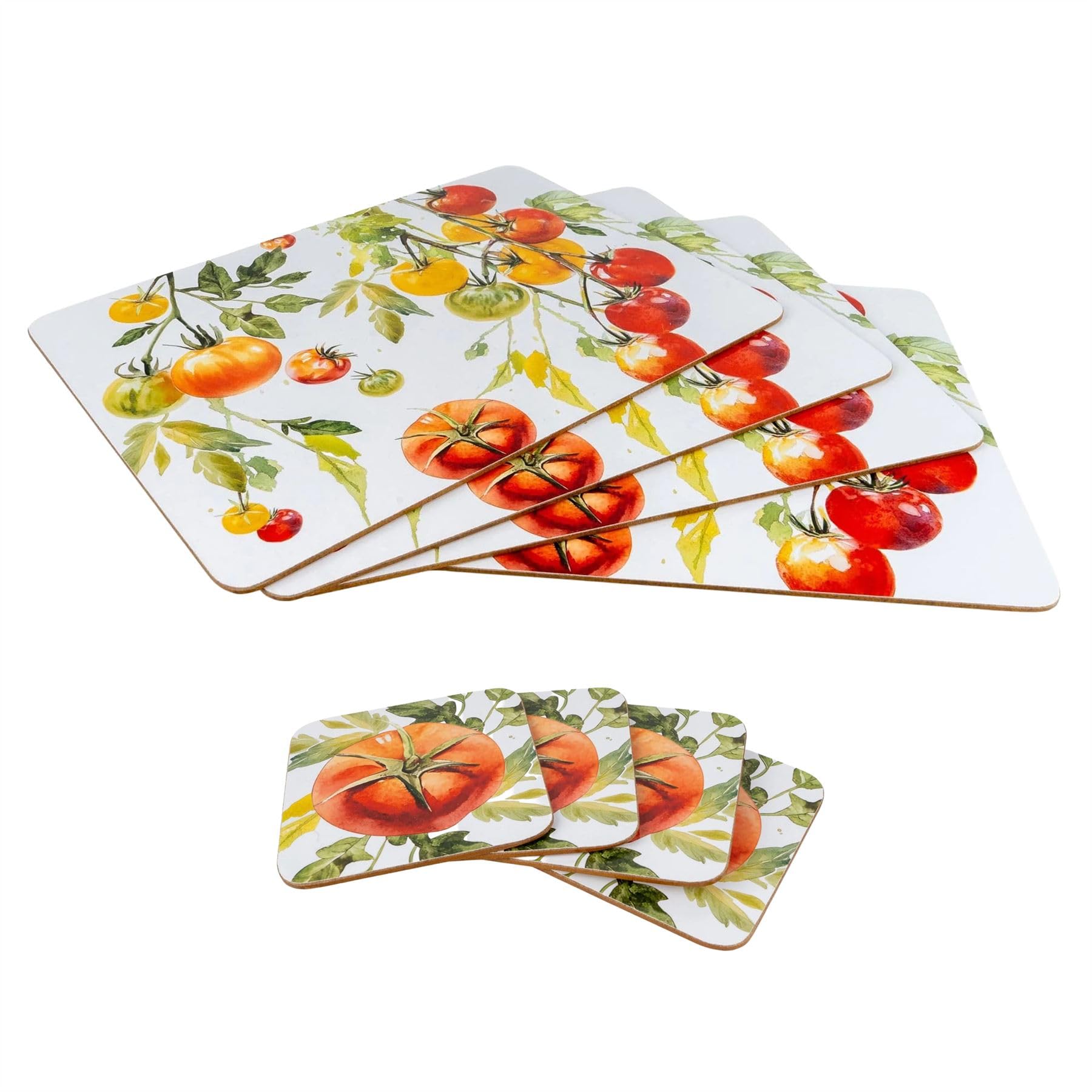 Tomato Placemats and Coasters Set | 8-piece Cork Backed Table Mats and Coasters with Colourful Garden Tomatoes Design