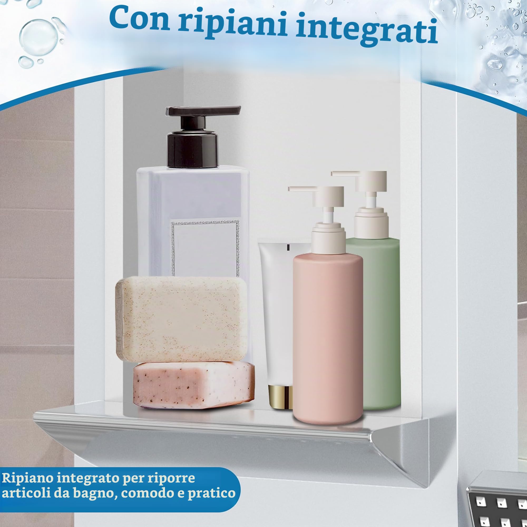 LZQ Pannello doccia in acciaio inox, sistema doccia a 5 funzioni, con doccia a pioggia, cascata, 2 getti massaggianti, doccetta e beccuccio, set doccia montato a parete (bianco)