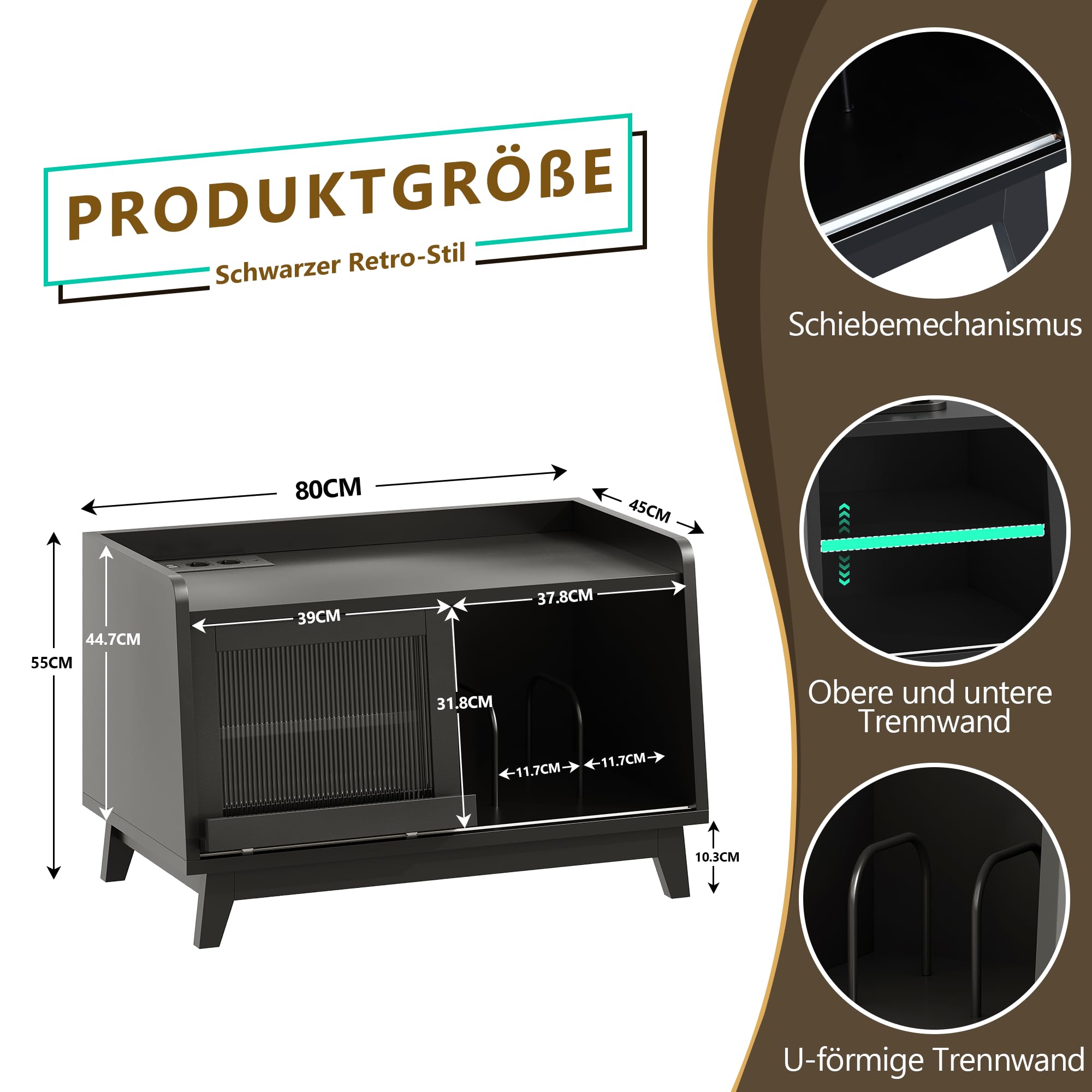 Feonase Plattenspieler Regal mit Steckdose und Glasschiebetür, Holz Plattenspielertisch für über 200 Schallplatten, offener Stauraum, ideal für das Wohnzimmer (Black)