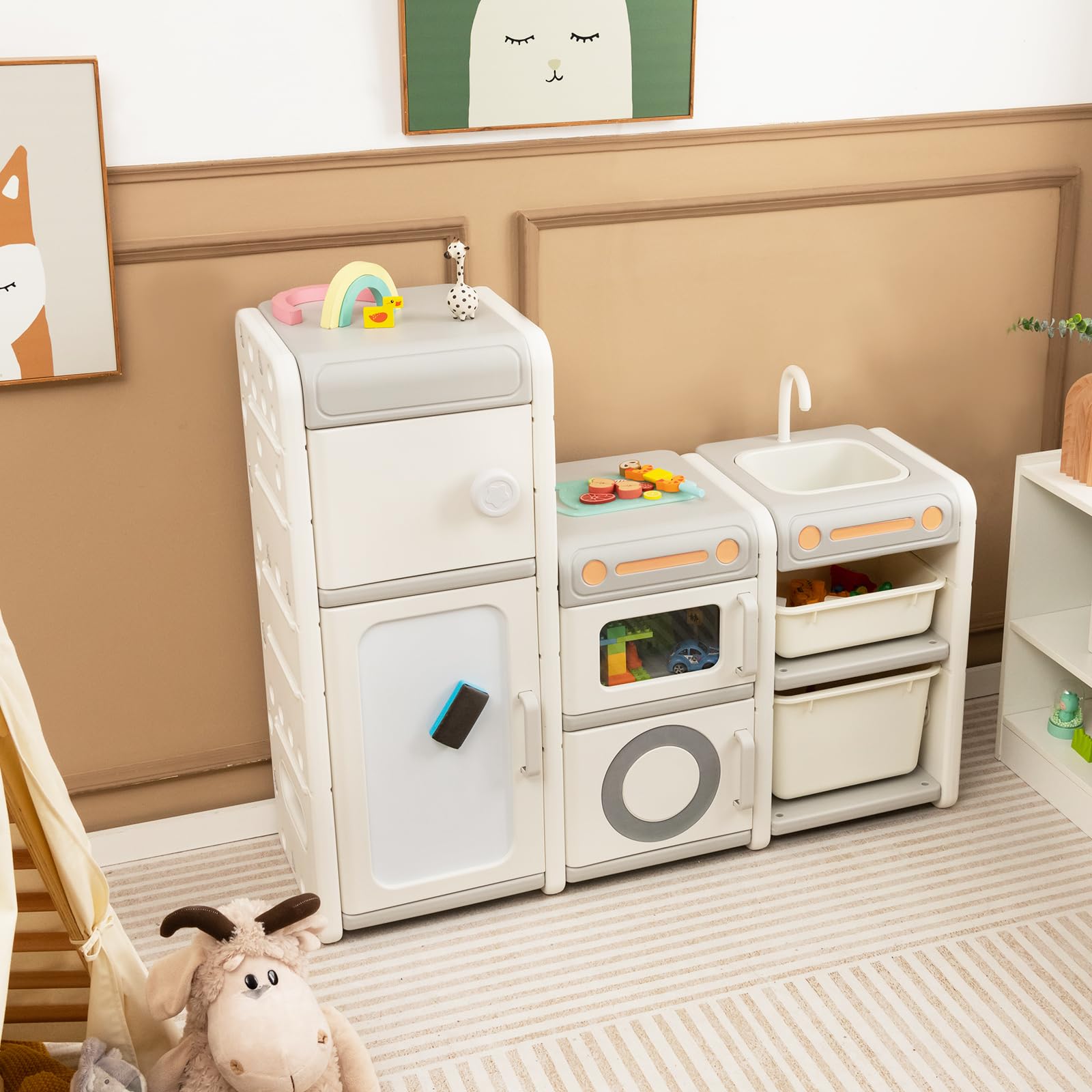 COSTWAY Organizador de Juguetes para Niños, Estantería Infantil para Juguetes con Pizarra Magnética, Fregadero, Grifo Desmontables, Baúl de Juguetes con Armarios Cerrados/Contenedores/Marcadores