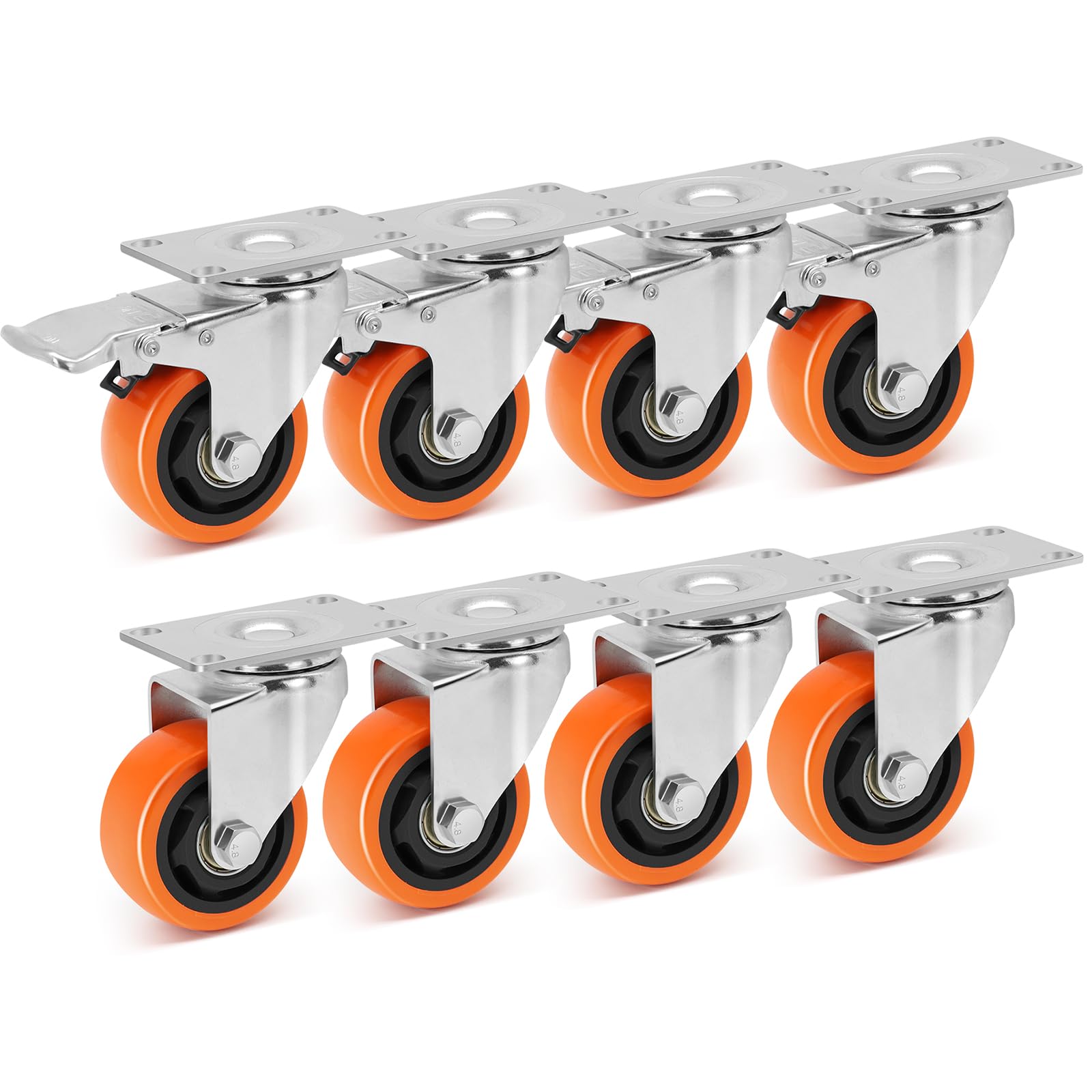W B D WEIBIDA 3-inch Castor Wheels with Dual Locking, 250Lbs Load Capacity per one, No Noise & Durable Polyurethane Caster Wheels for Cart, Trolley, Furniture, Equipment, Set of 8(4 Brake & 4 Rigid) — image 1
