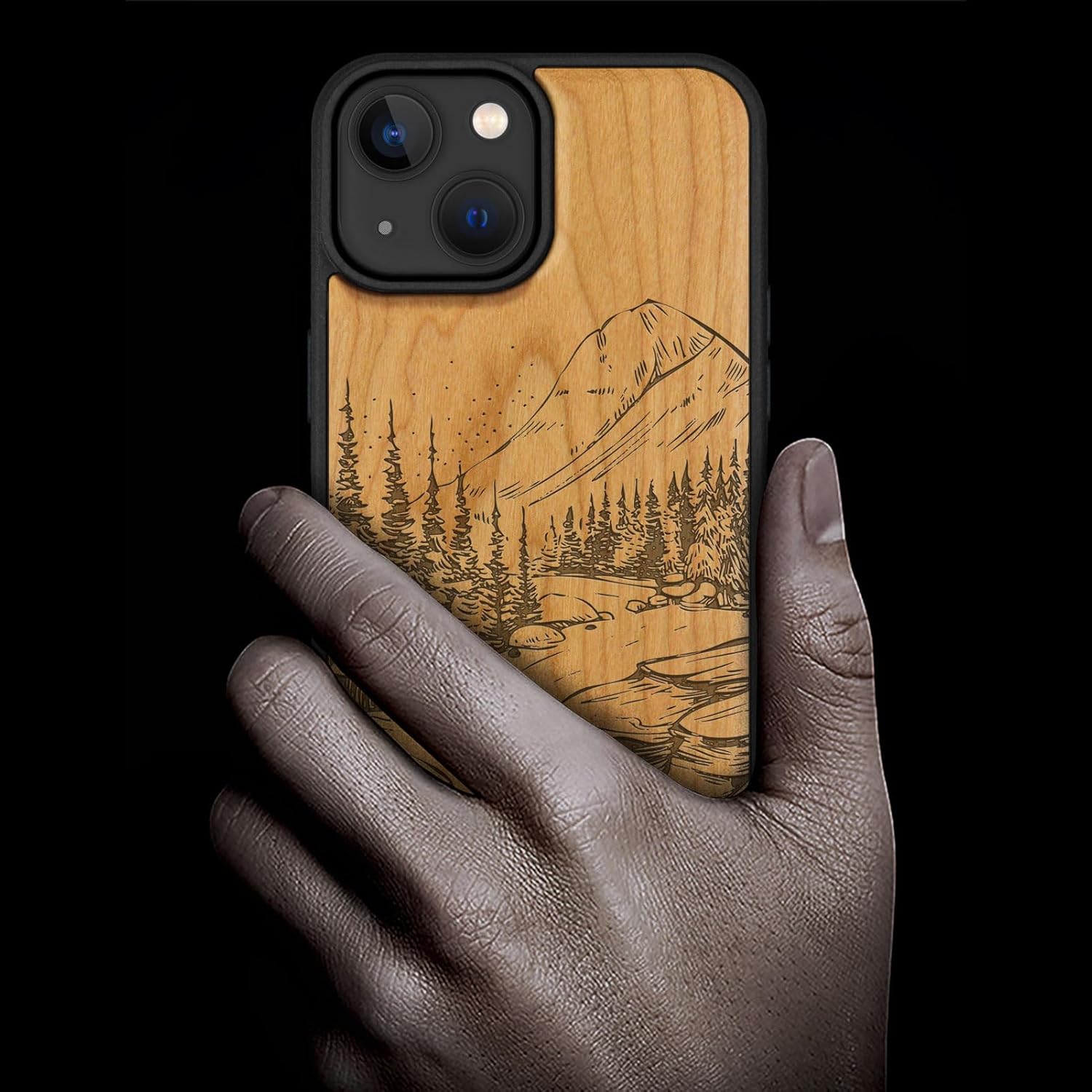 Carveit Magnetic Wooden Case for iPhone 15 Case, Compatible with MagSafe Wireless Chargers, Black Soft TPU Shockproof Cover & Wood Artisan Engraved (Lake and Mountain) - Cherry