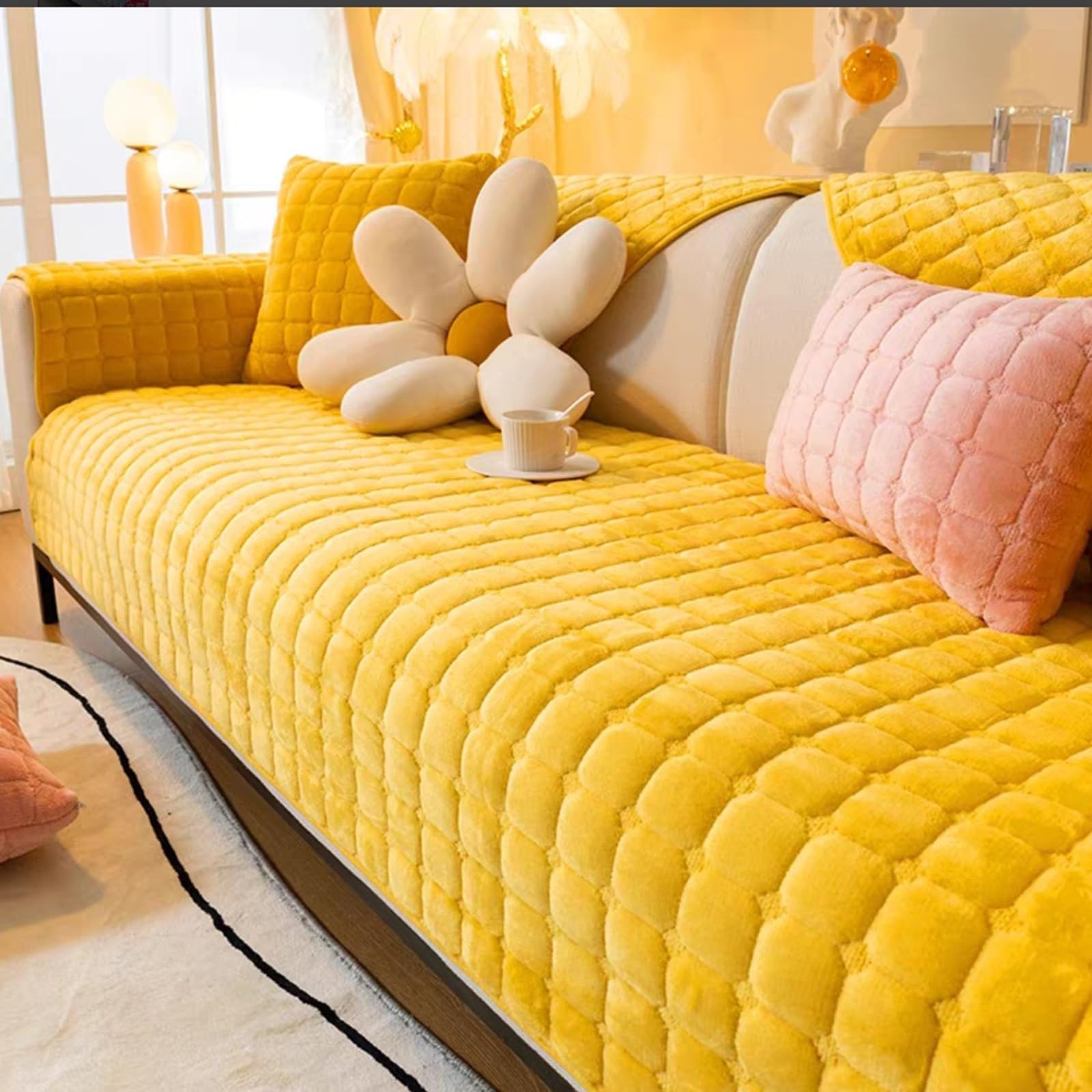 Velvet Sofa Cover 1 2 3 4 Seater, Dog Cat Sofa Protector Anti-Slip Couch Cover L Shape, Soft Sofa Cover Corner Sofa Sofa Protective Cover with Non-slip Base,Yellow,70x70cm
