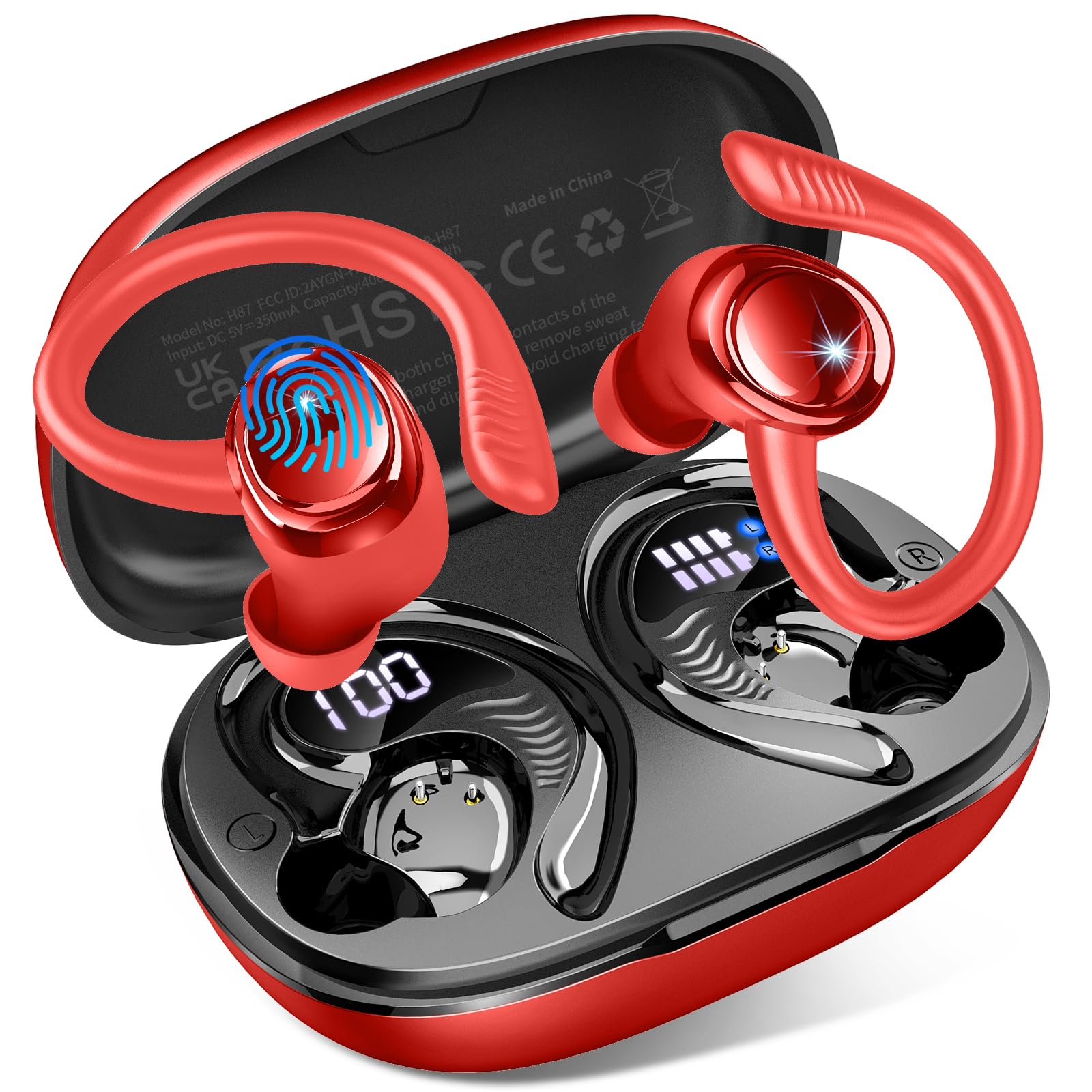 Ecouteurs Bluetooth sans Fil Sport, Écouteur Bluetooth 5.4 avec 6D HiFi Stéréo, 4 ENC Mic, 60+Hrs Ecouteurs sans Fil, IP7 Étanche Oreillette Bluetooth, USB-C/Écran LED Casque, pour iOS Android Rouge