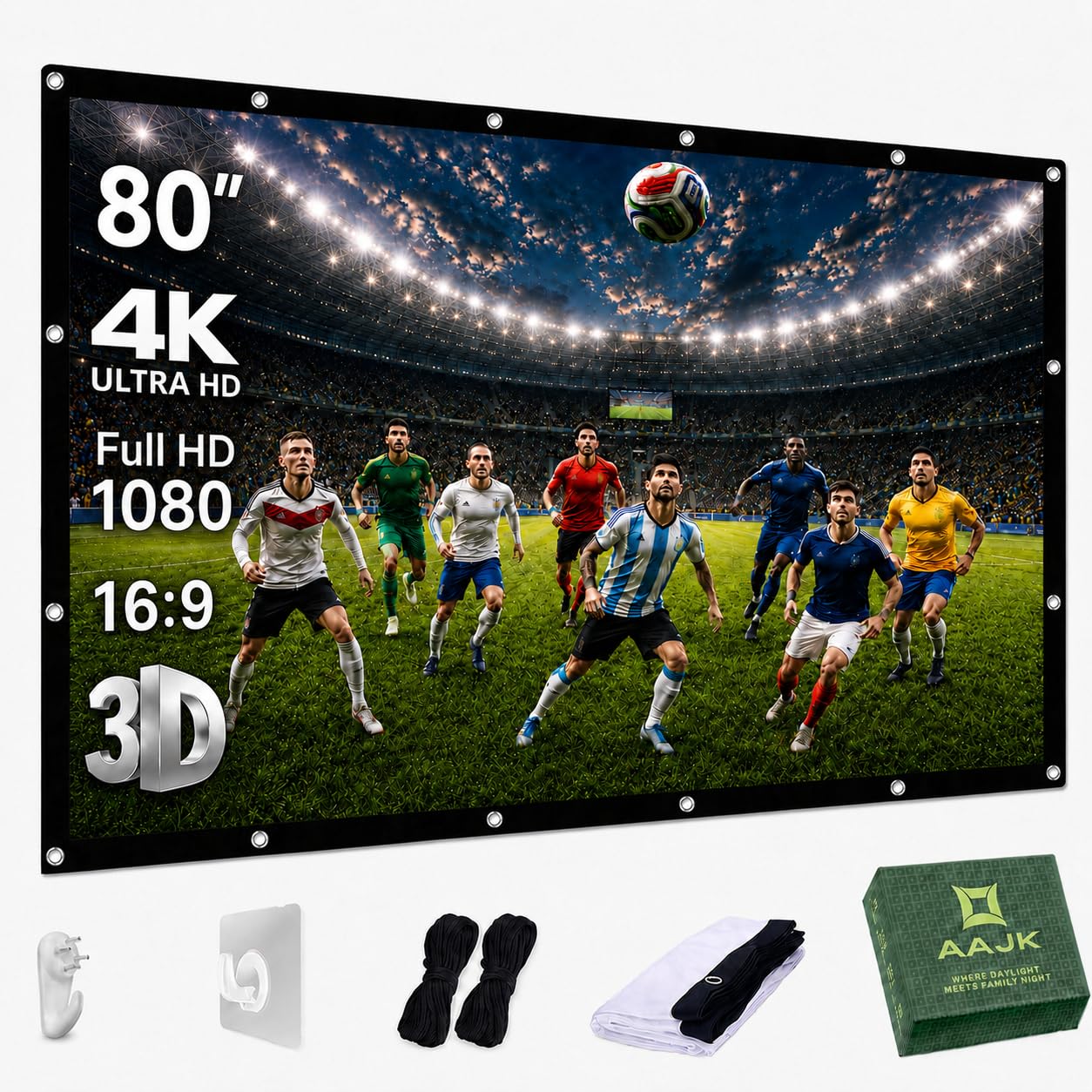 AAJK 80 inch Projector Screen, Washable Projector Screen 16:9