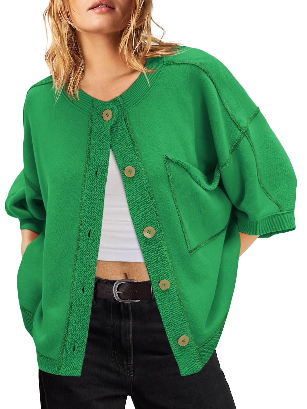 Nirovien Womens 3/4 Sleeve Crewneck Sweatshirt Casual Lightweight Cardigans Fall Button Down Shirts with Pockets