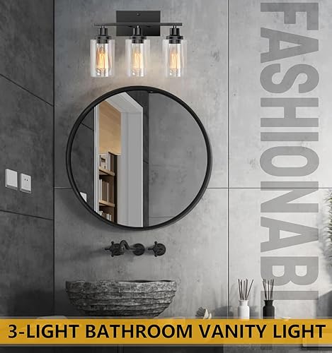 Miniatura 2 de Lámparas de baño, 3 luces, lámpara de tocador negra con pantalla de vidrio transparente, lámpara de pared moderna con marco de metal, lámparas de