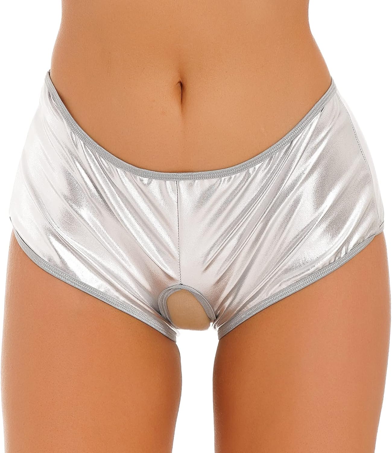 Mufeng Women Shiny Metallic Panties Briefs High Cut Rave Dance Hot Pants Hollow Out Sexy Underwear