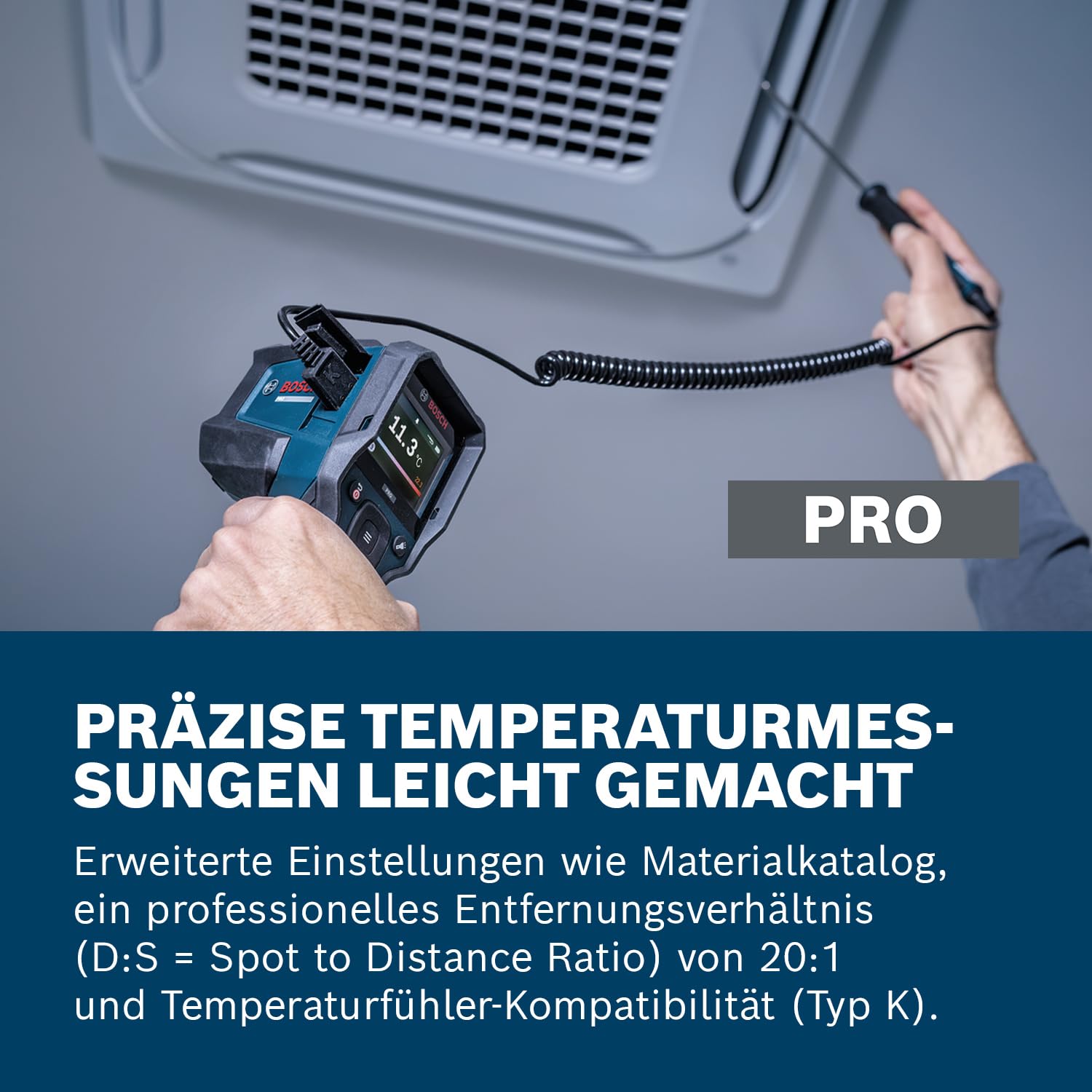 Bosch PRO GIS12V‑800‑16 Infrarot‑Thermometer, Typ‑K Schnittstelle, 20:1 Verhältnis, IP54, Dual‑Power, inkl. Batterieadapter & AA‑Batterien – vielseitig für präzise Temperatur‑ und Materialmessung