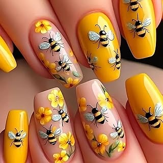 24Pcs Summer Press on Nails 3D Cute Bee Design Fake Nails Medium Coffin False Nails Yellow Flower Press on Nails Reusable Stick on Nails Glossy Acrylic Nails for Women Spring Summer Nail Art