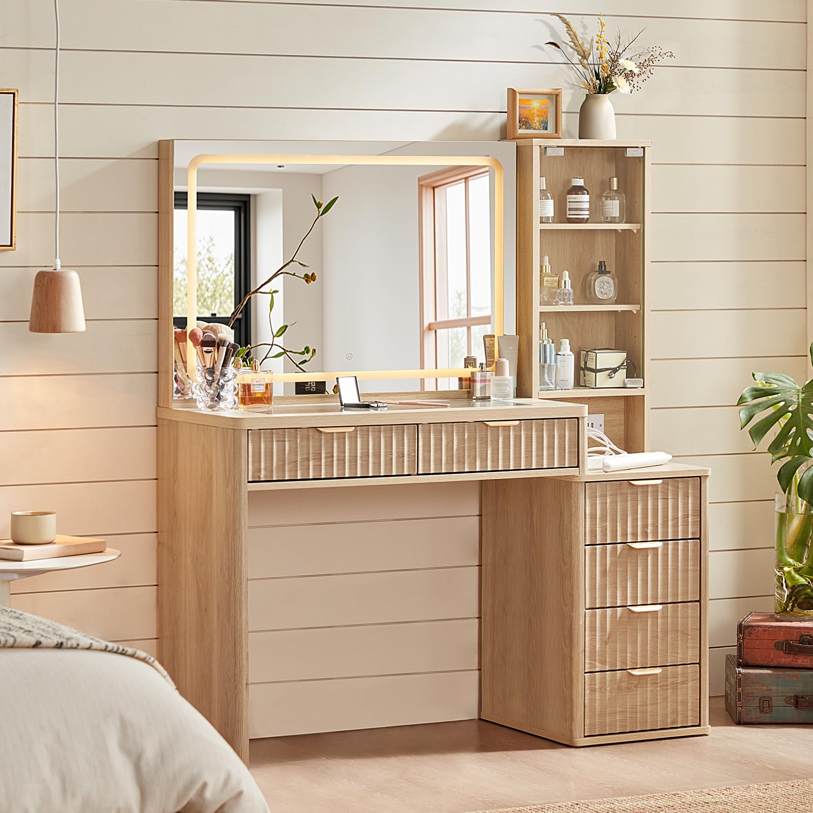 LEYAOYAO Vanity Desk with Mirror and Lights, 43.5'' Fluted Makeup Vanity with 6 Drawers and Adjustable Shelves, Glass Top Make Up Vanity, Girls Wood