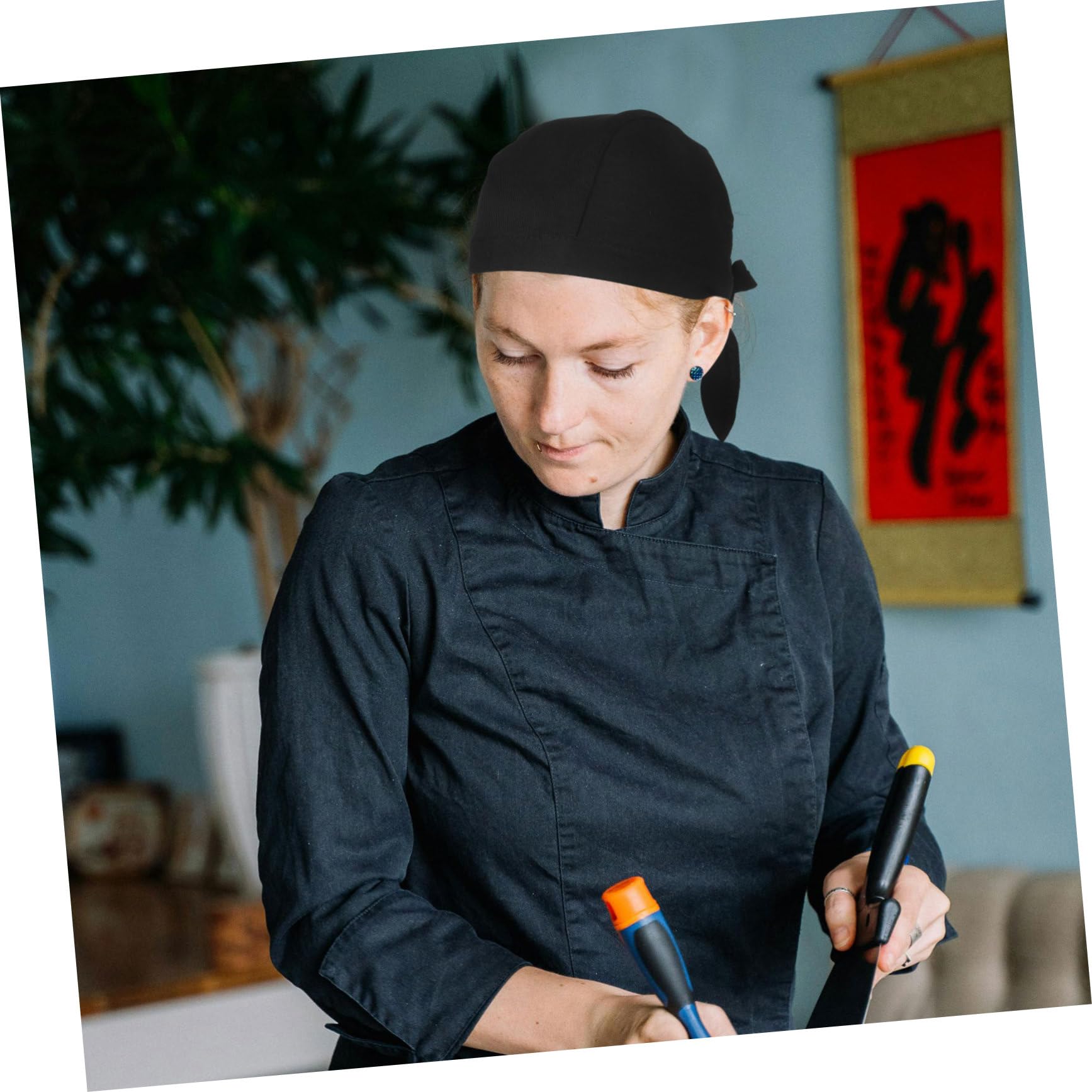 UKCOCO Gorros de Chef para Cocina 6 Unidades de Tela de Algodón Negro | Lazos, Estilo Clásico y Sencillo, para Cocina y Restaurante, Pack de 6 Piezas
