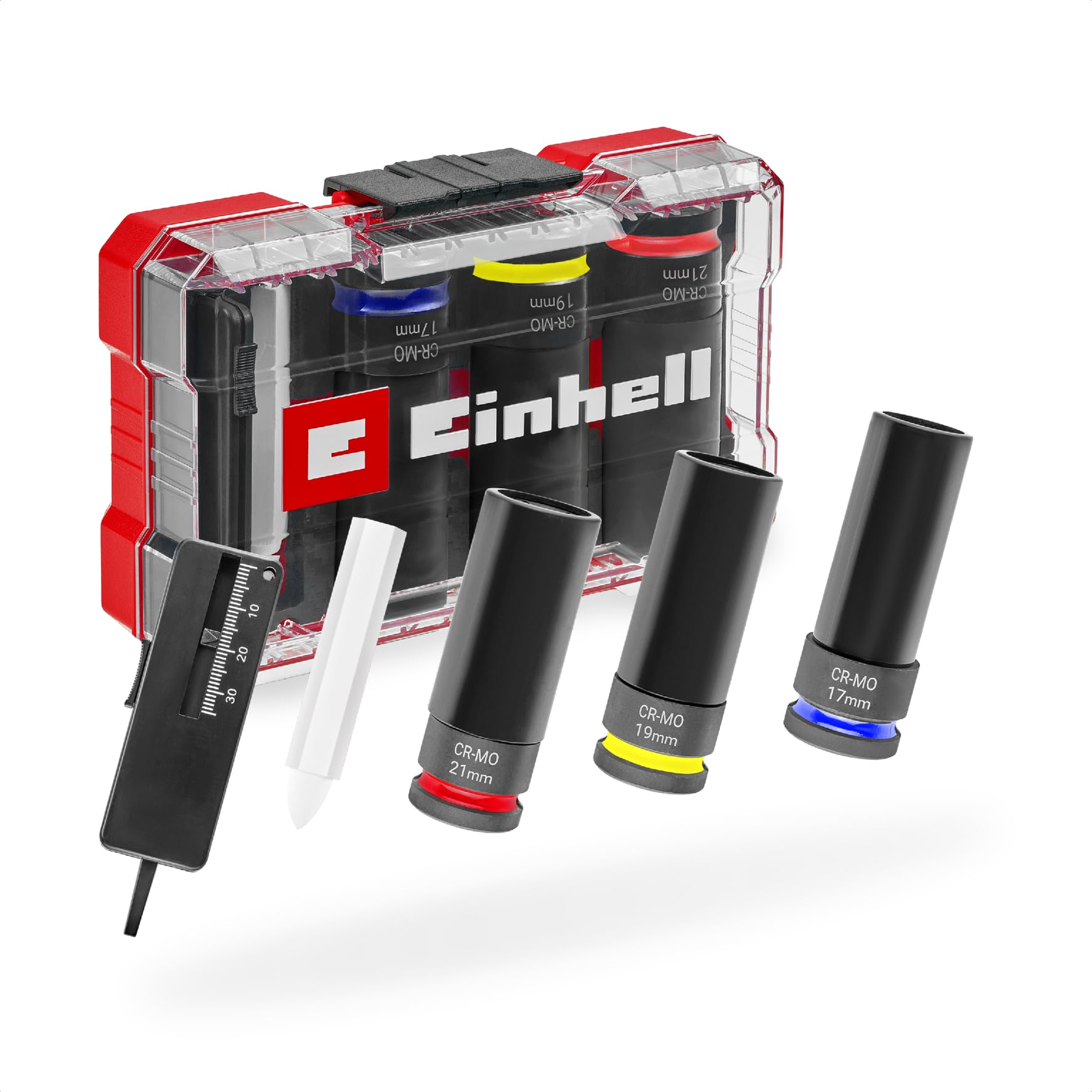 Original Einhell 5-Piece Impact Socket Set for Cars (Rim Protection, CrMo Alloy, 17/19/21 mm, 80 mm Reach, Color Coding, Tread Gauge, Tire Marker, Wrench Fit)