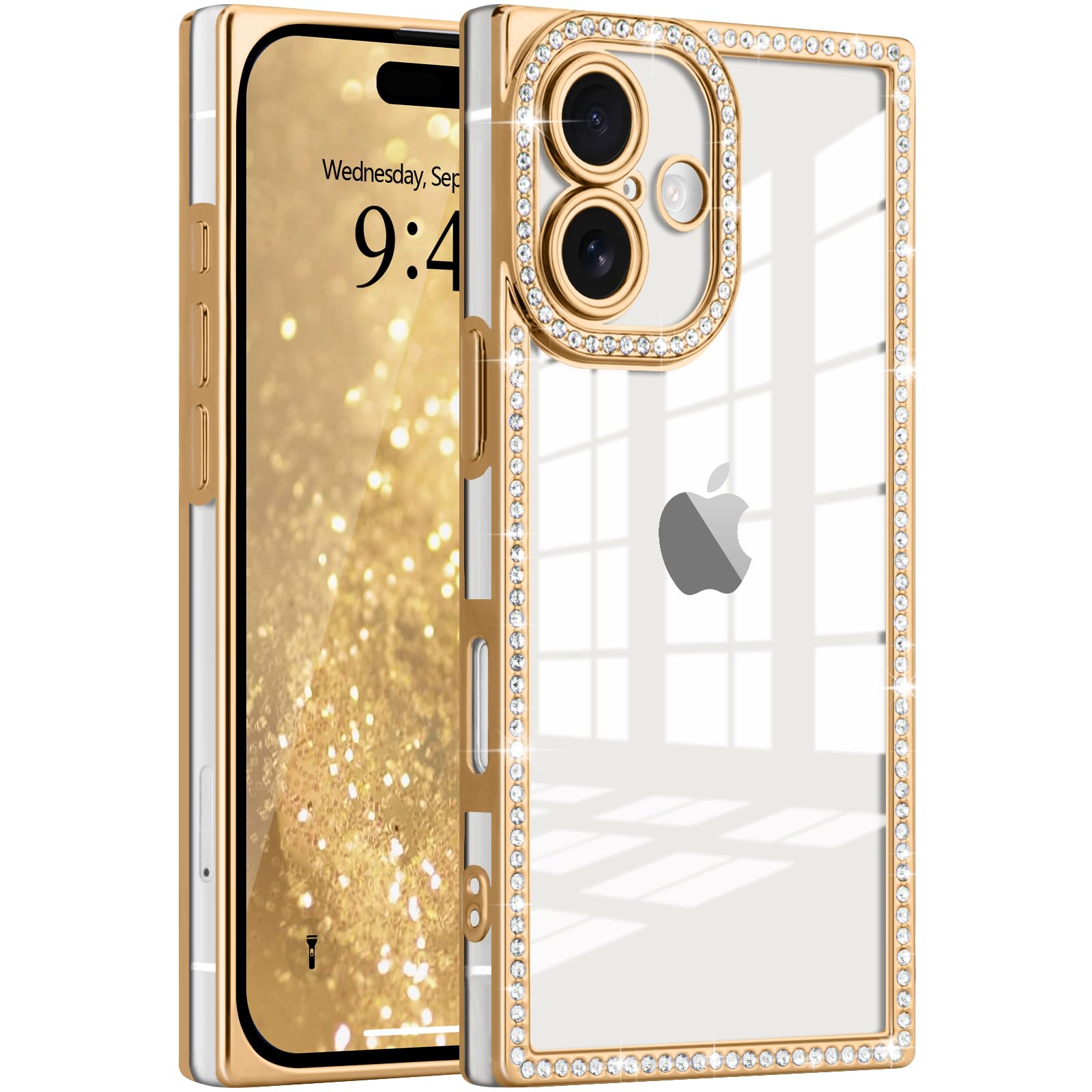 ROSEHUI Clear Glitter Phone Case for iPhone 16, Girly Luxury Bling Sparkly Diamond Rhinestones Soft TPU Plating Rectangle Edge Camera Protection