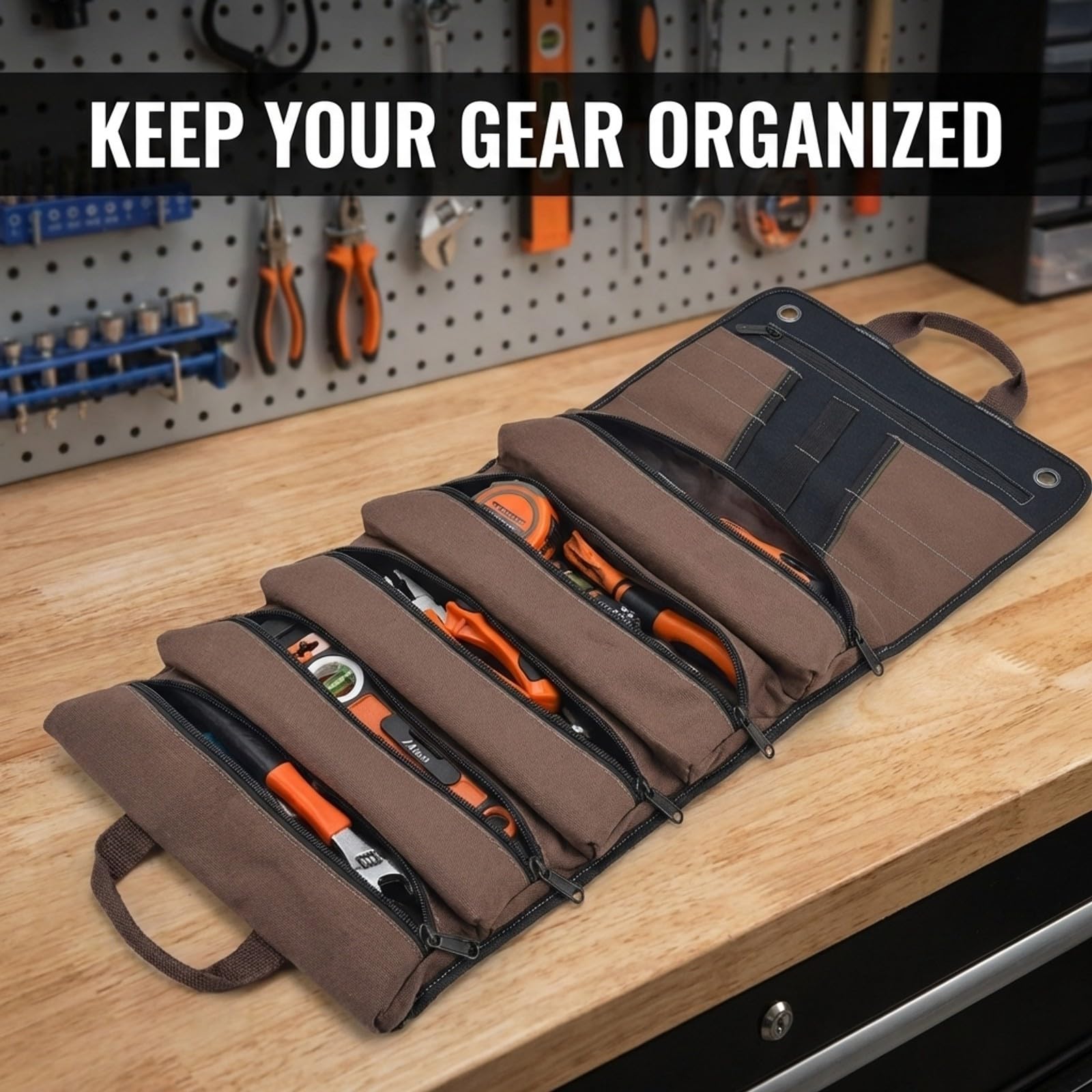 Sac à Outils Enroulableavec 13 Poches, 5 Fermetures Éclair + 7 Glissières, Grande Trousse à Outils pour Électricien, Plombier, Bricoleur, Imperméable et Antidéchirure