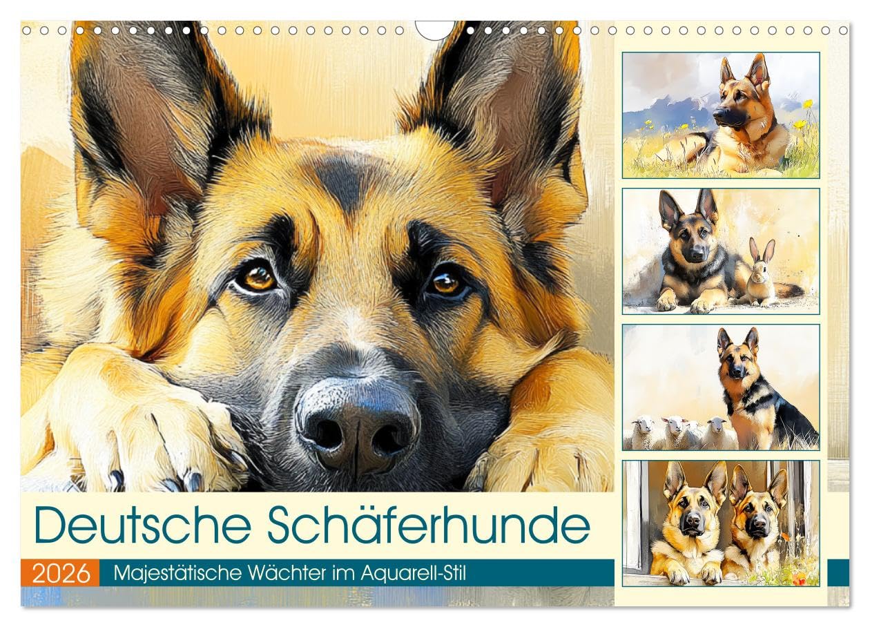 German Shepherds. Majestic guardians in watercolor style UK-Version (Wall Calendar 2026 DIN A3 Landscape), CALVENDO 12 Month Wall Calendar โ image 1