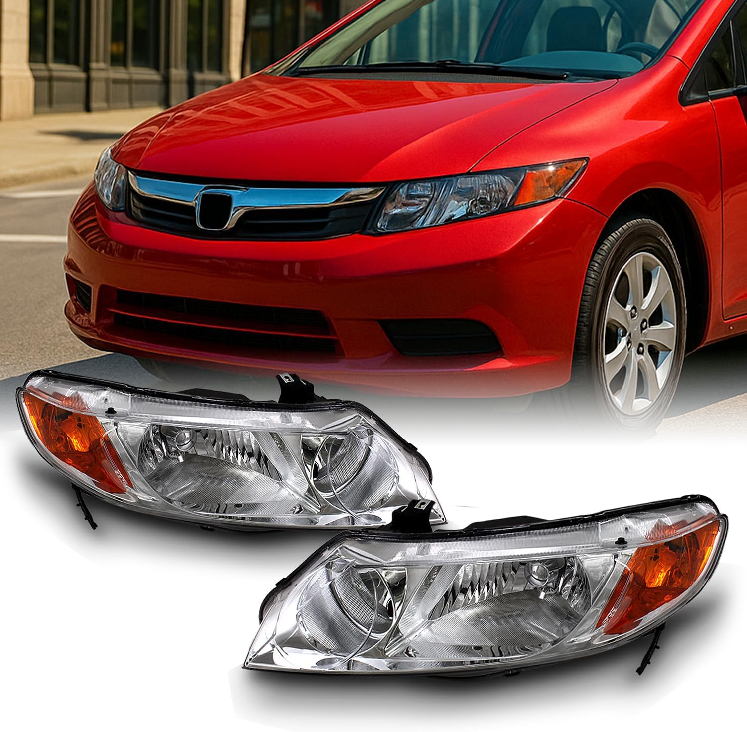 AKKON - For Black 06-11 Honda Civic 4 Doors Sedan Headlights Front Lamps Direct Replacement Left + Right Pair