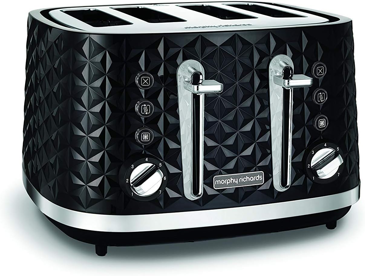 Morphy Richards Vector 4 Slice Toaster, High Gloss Geometric Design, Defrost and Reheat, Variable Width Slots, Removeable Crumb Tray, Black, 248131