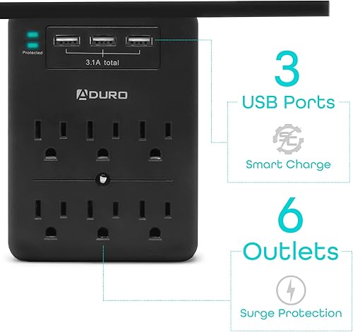 Miniatura 5 de Aduro Surge múltiple enchufe divisor de pared protector contra sobretensiones con 6 estantes de toma de corriente y 3 puertos USB multi enchufe de