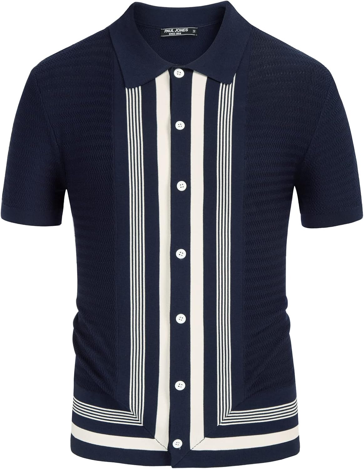 PJ PAUL JONES Men's Vintage Stripe Knit Polo Shirts Short Sleeve Stylish Button Down Cardigan Sweater