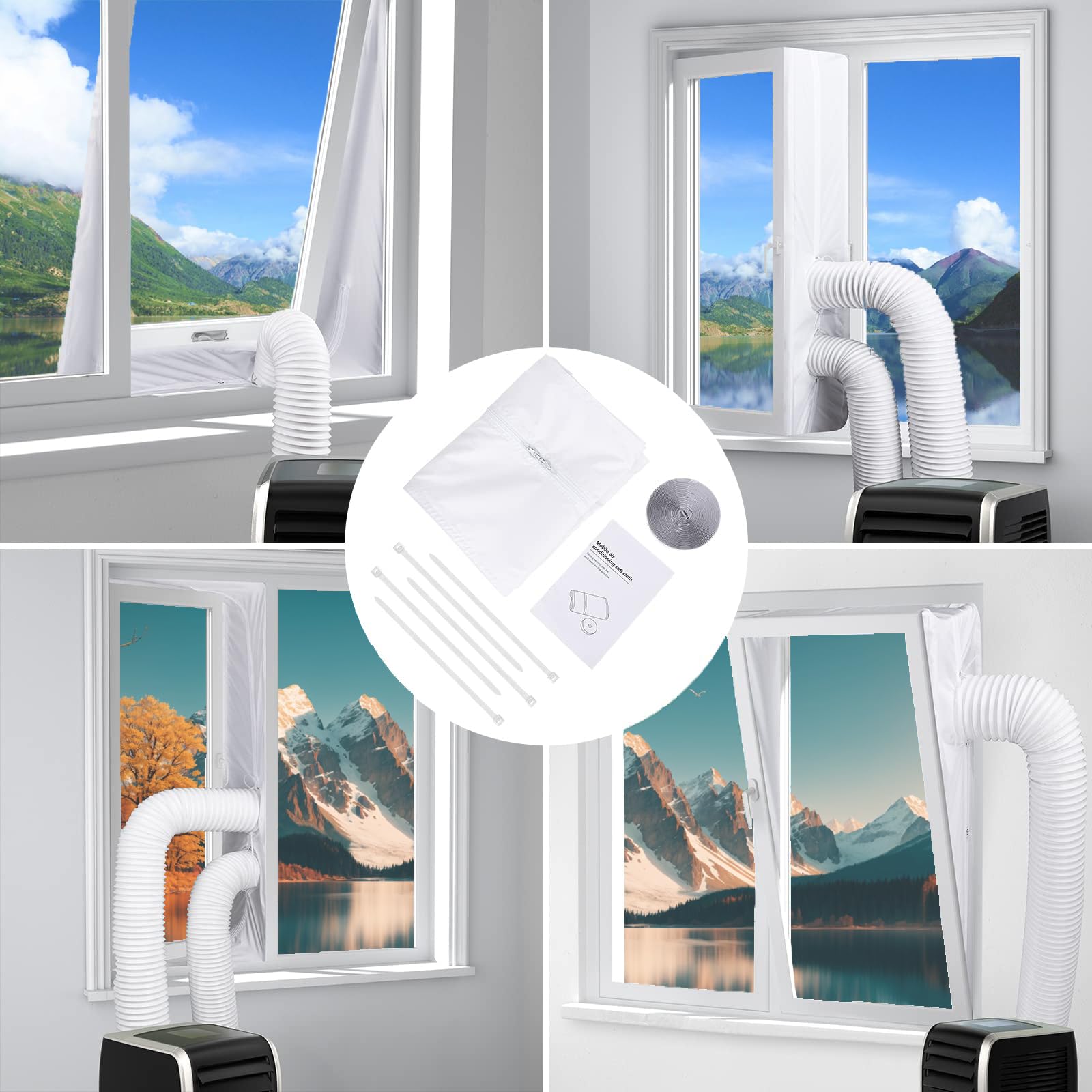 Sello de ventana de aire acondicionado móvil de 400 cm para ventanas abatibles, kit de ventilación de ventana, fácil instalación, apto para aire acondicionado portátil, secadora (blanco)