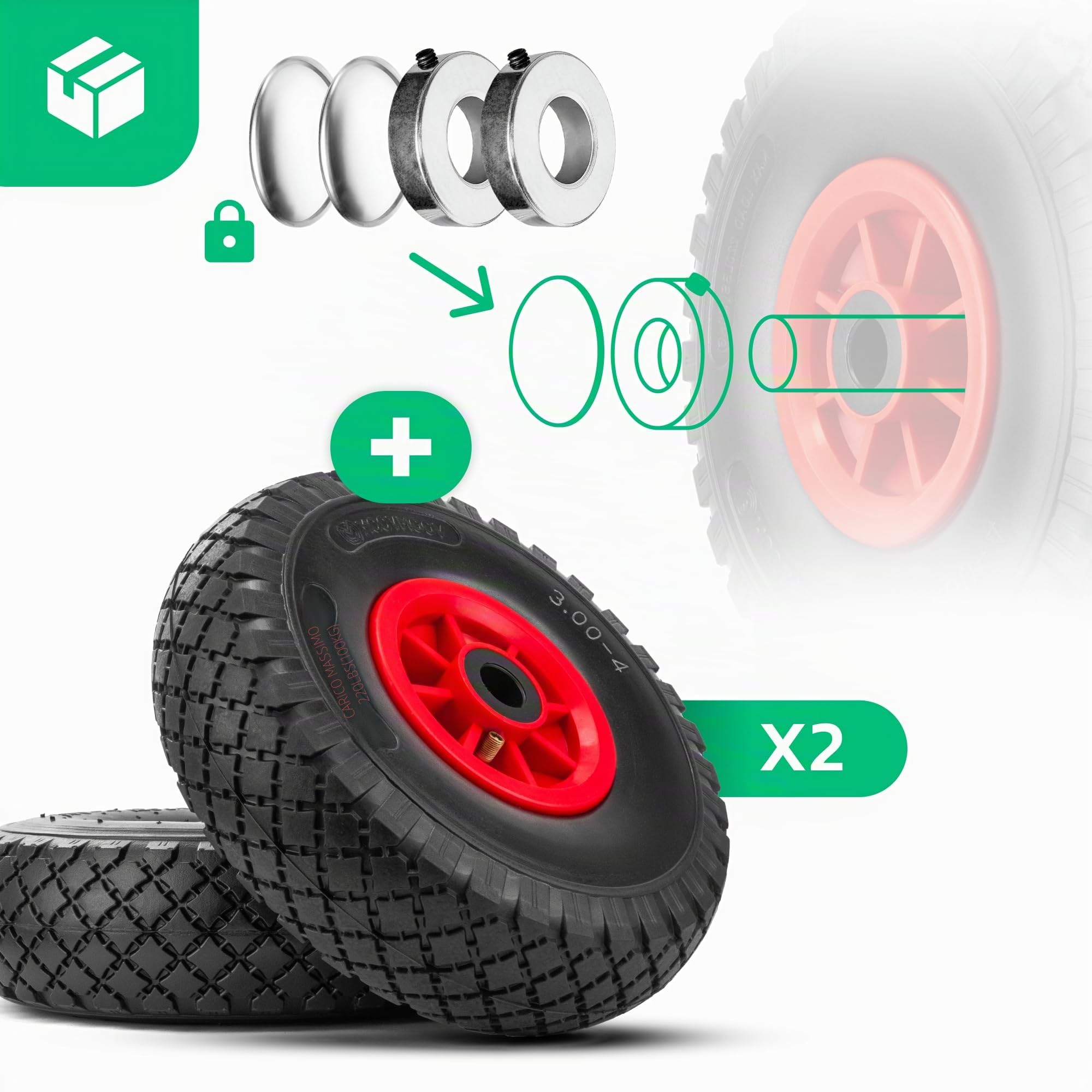 MOOVMOOV Ruote Gonfiabili 3.00-4 (260x85 mm) - per Carrelli, Carriola, Carro, ecc. Ruota Completa: Pneumatico + Camera d'Aria con Valvola Angolata + Cerchione in PVC Rosso con Cuscinetti a Rulli