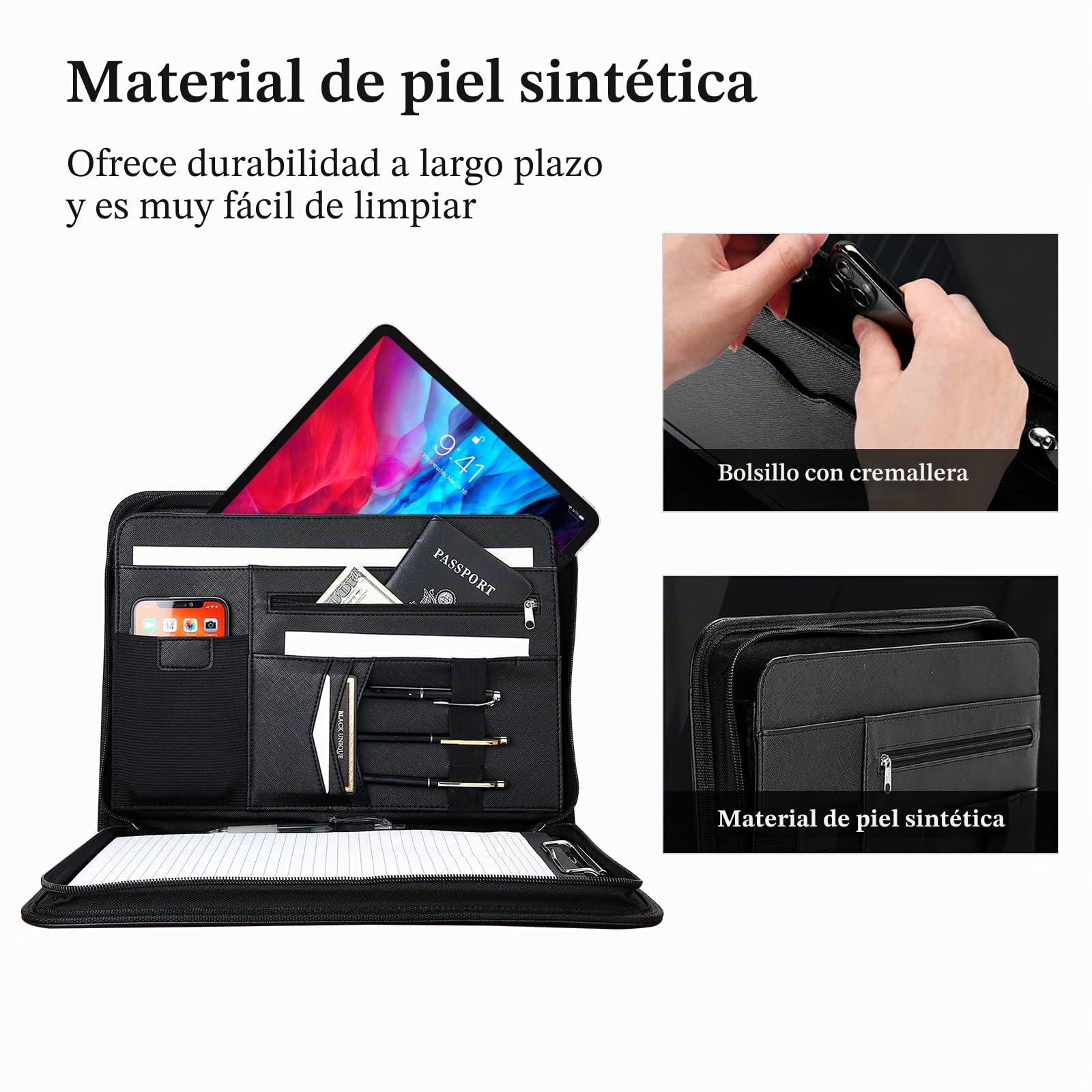 ProCase Portafolio Grande con Cremallera, Portacuaderno Profesional Organiza Documento/Tarjetas/Plumas, Bolsillo de Tableta y Móvil Carpeta de Cuaderno de Notas - Negro