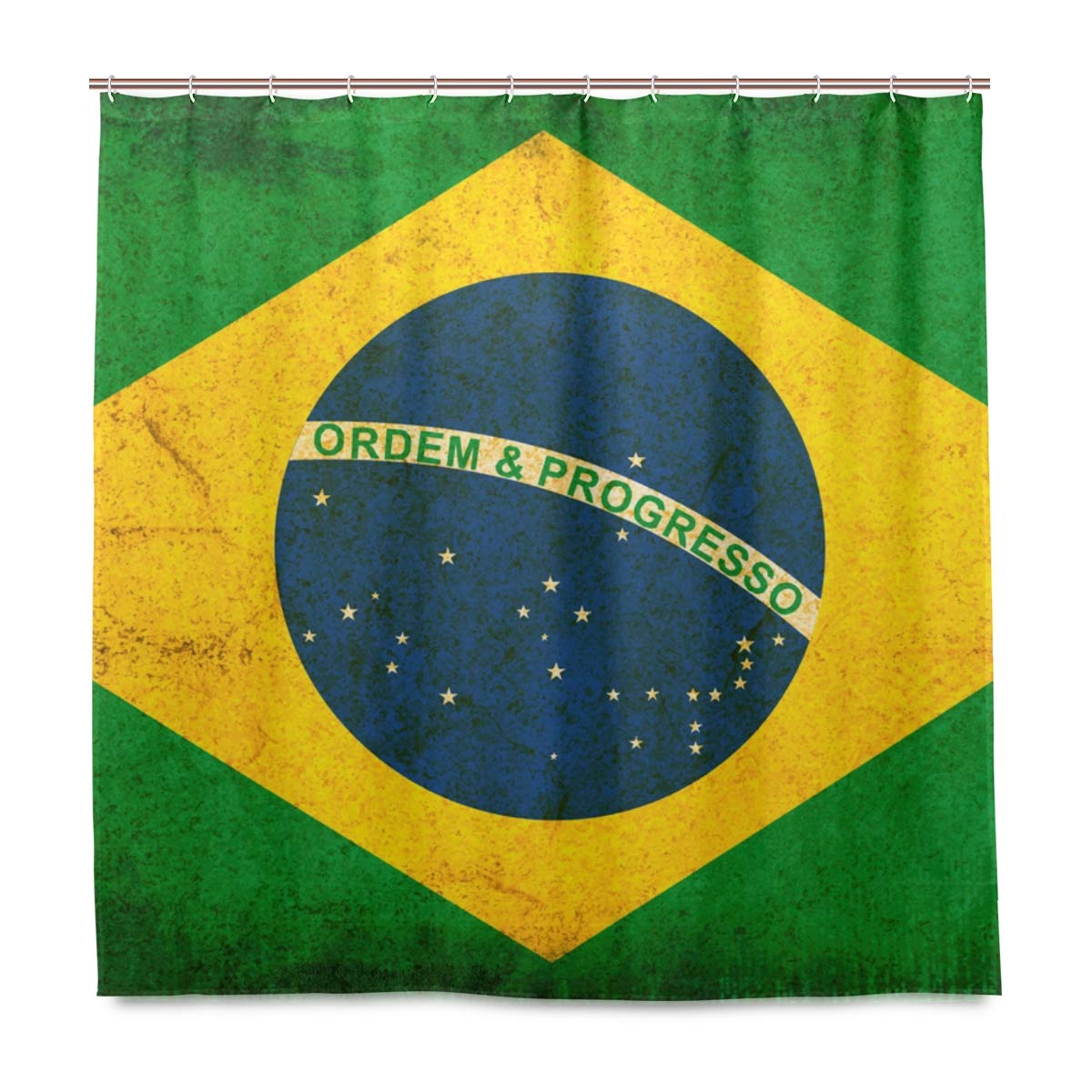 Fabric Bathroom Shower Curtain Brazil Flag Waterproof and Mildewproof Polyester Fabric with 12 Plastic Hooks 180 x 180 cm (72 x 72 Inch)