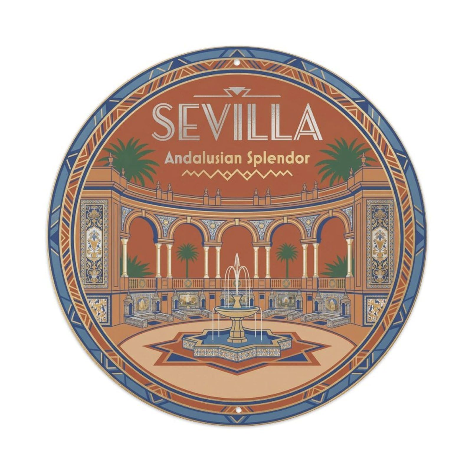 Vintage Travel Plaza Spain Vintage Metal Tin Sign Plaque Wall Decor for Cafe, Club, Garden Round Metal Poster 8x8Inch