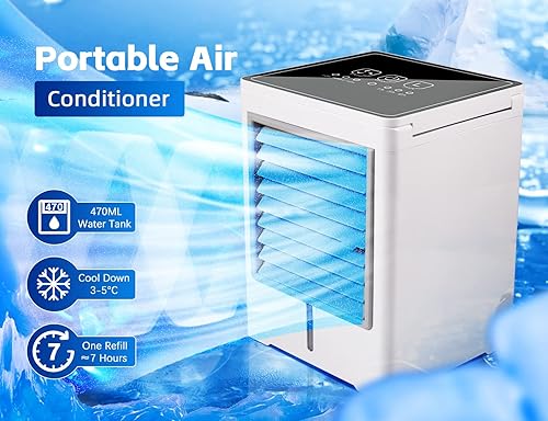 Miniatura 6 de Aire acondicionado portátil, enfriador de aire evaporativo, mini enfriador de aire inalámbrico personal con 3 velocidades de viento y 3
