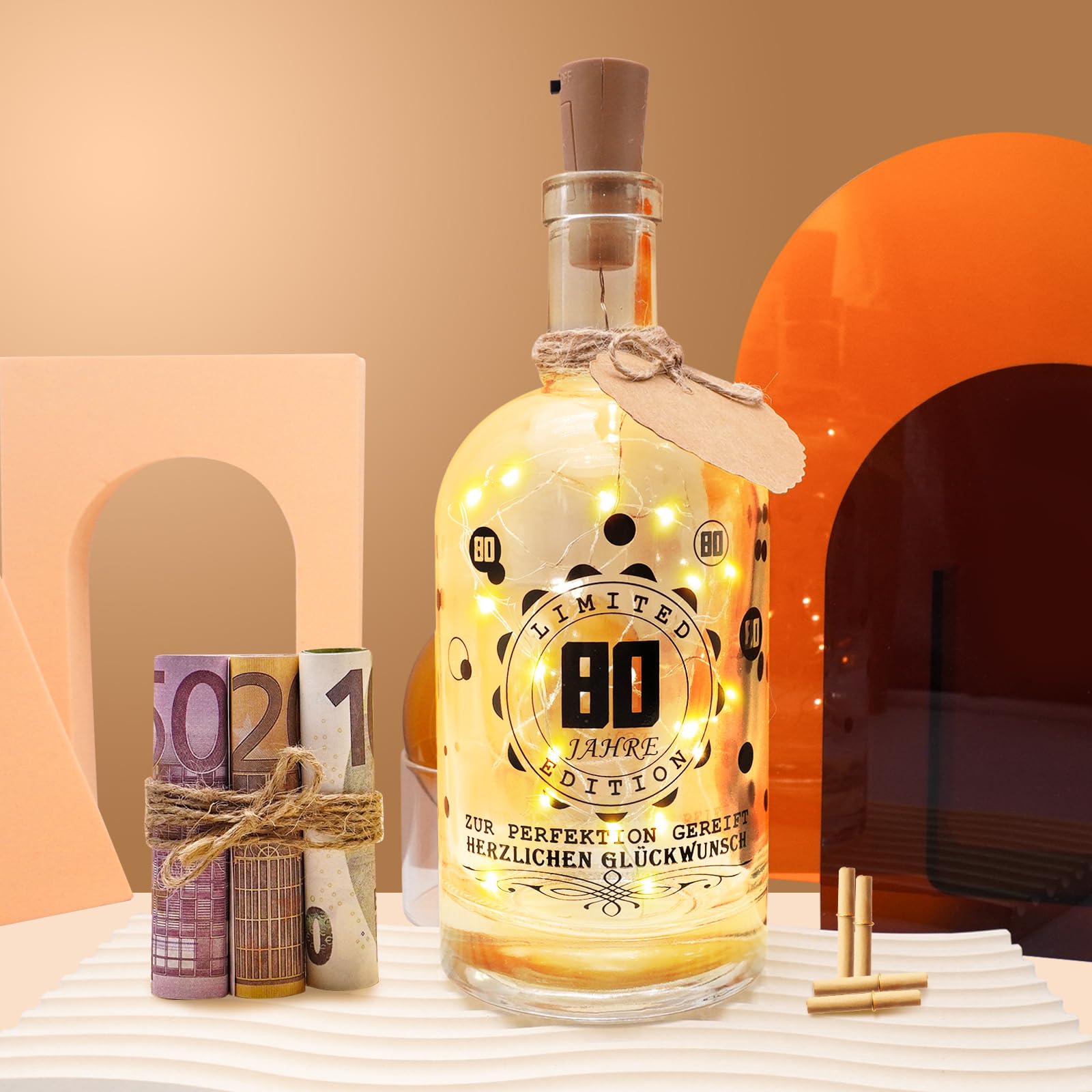 JUNUNDJING LED Flaschenlicht Geschenke zum 80 Geburtstag Frau Mann, Geschenk Deko 80. Geburtstag Frau Mann Deko Geschenk, Geschenke Für Frauen Männlich ab 80, Geldgeschenke Geburtstag 80