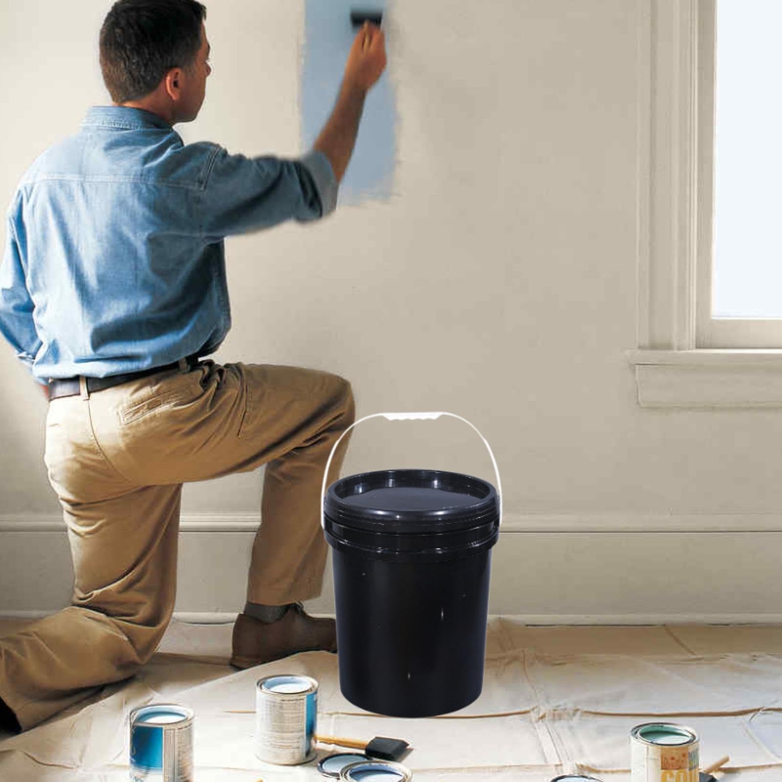 Cubeta de Almacenamiento Contenedor Vacío con Asa Ergonómica Y Tapa Sólida de PP para Agua Guardar Pintura Granos Frutas Adecuad, Negro, Individual
